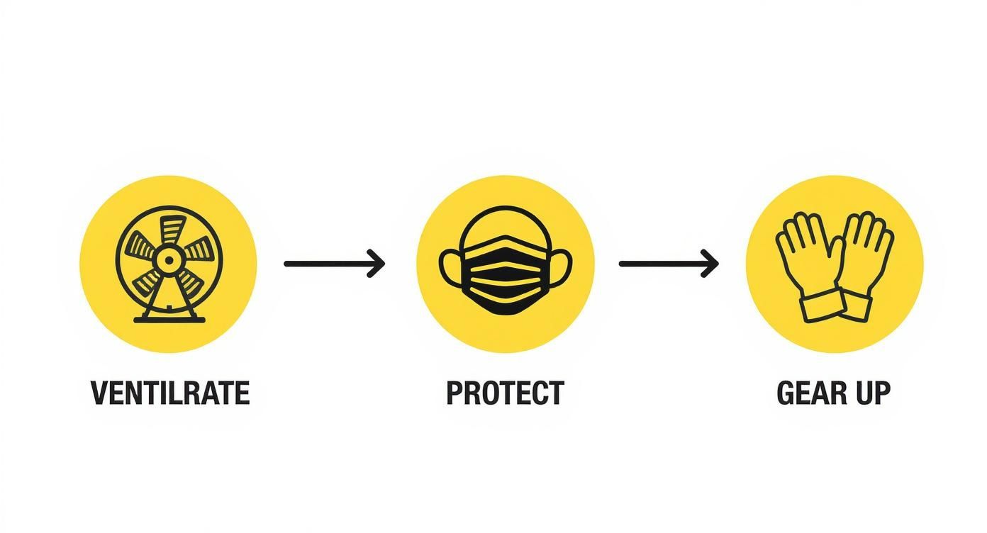 An infographic displays icons for ventilating (fan), protecting (mask), and gearing up (gloves) for safety.