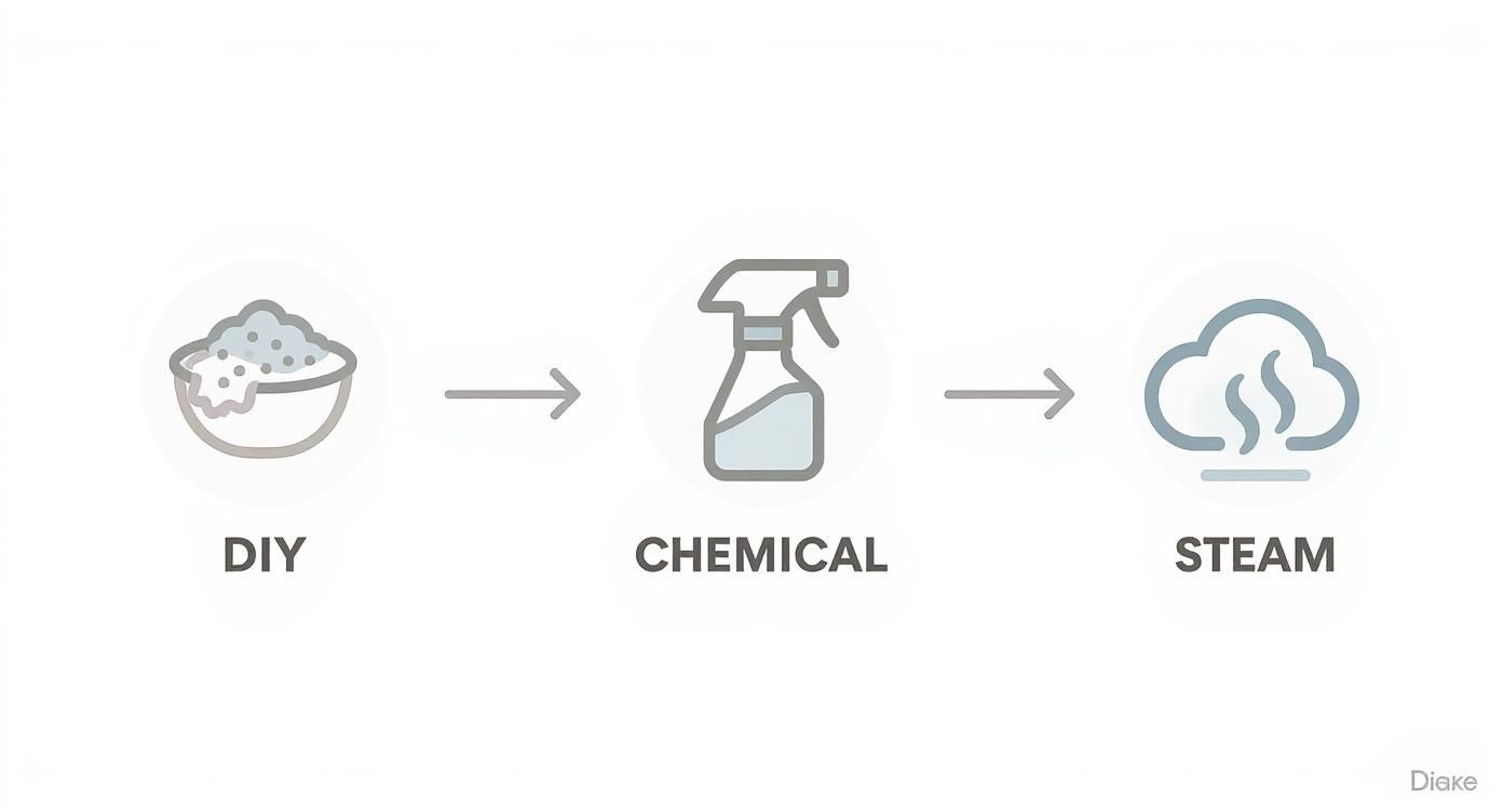 Three cleaning methods illustrated: DIY (Do It Yourself) with a bowl of suds, chemical spray, and steam.