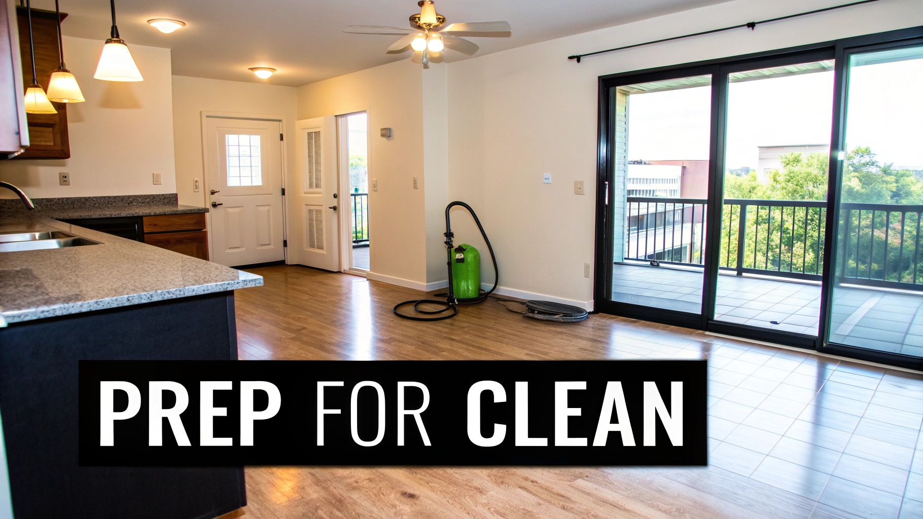what does a move out cleaning include cleaning prep An empty apartment with wood floors, kitchen counter, balcony, and cleaning equipment, ready for move-out cleaning.
