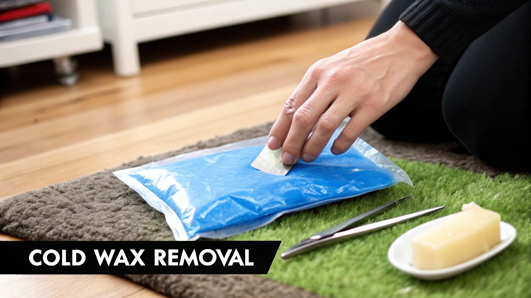 A person using ice in a plastic bag to freeze a wax spill on a rug.