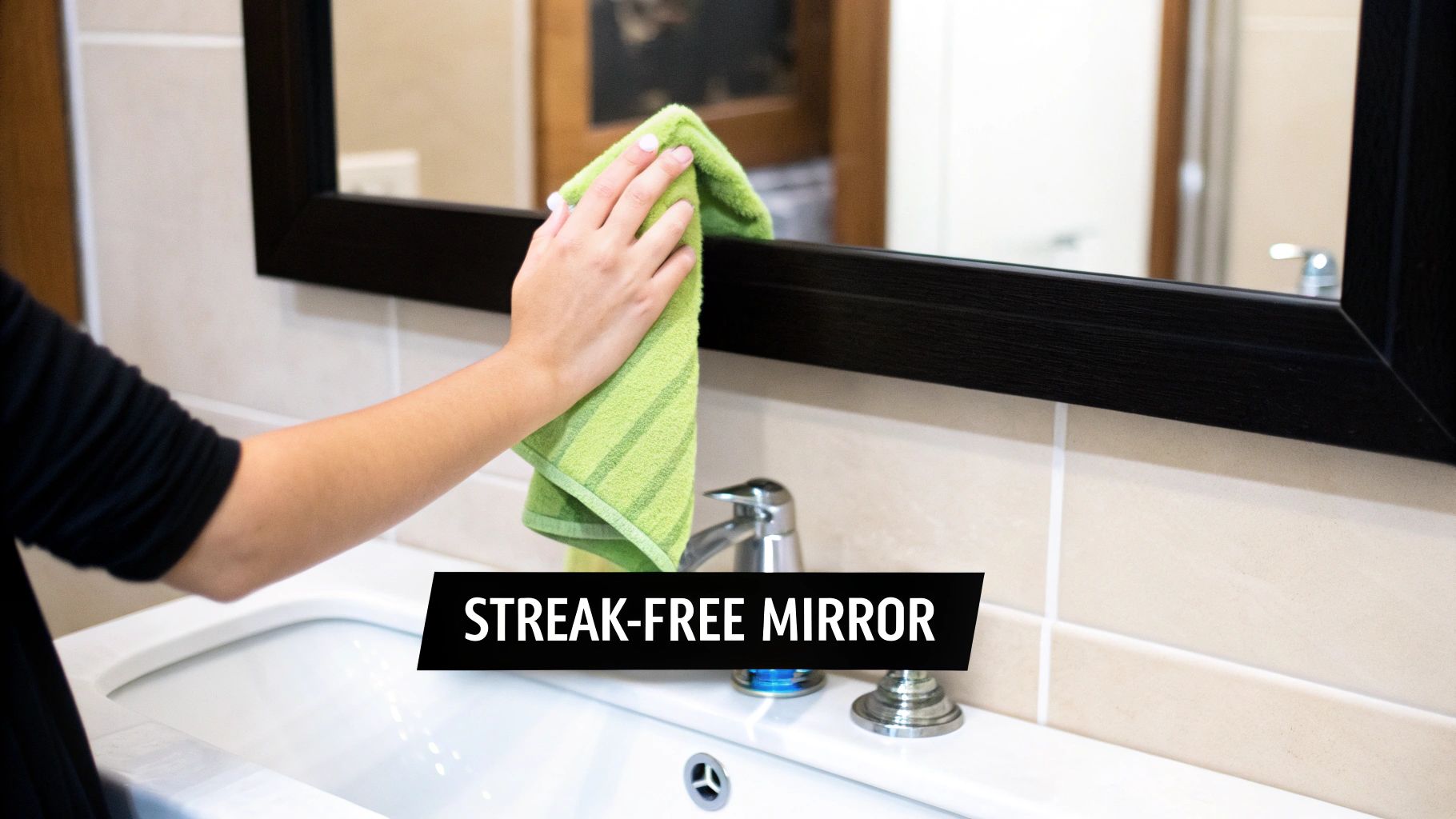 A person's hand cleans a black-framed bathroom mirror with a green striped towel over a white sink.