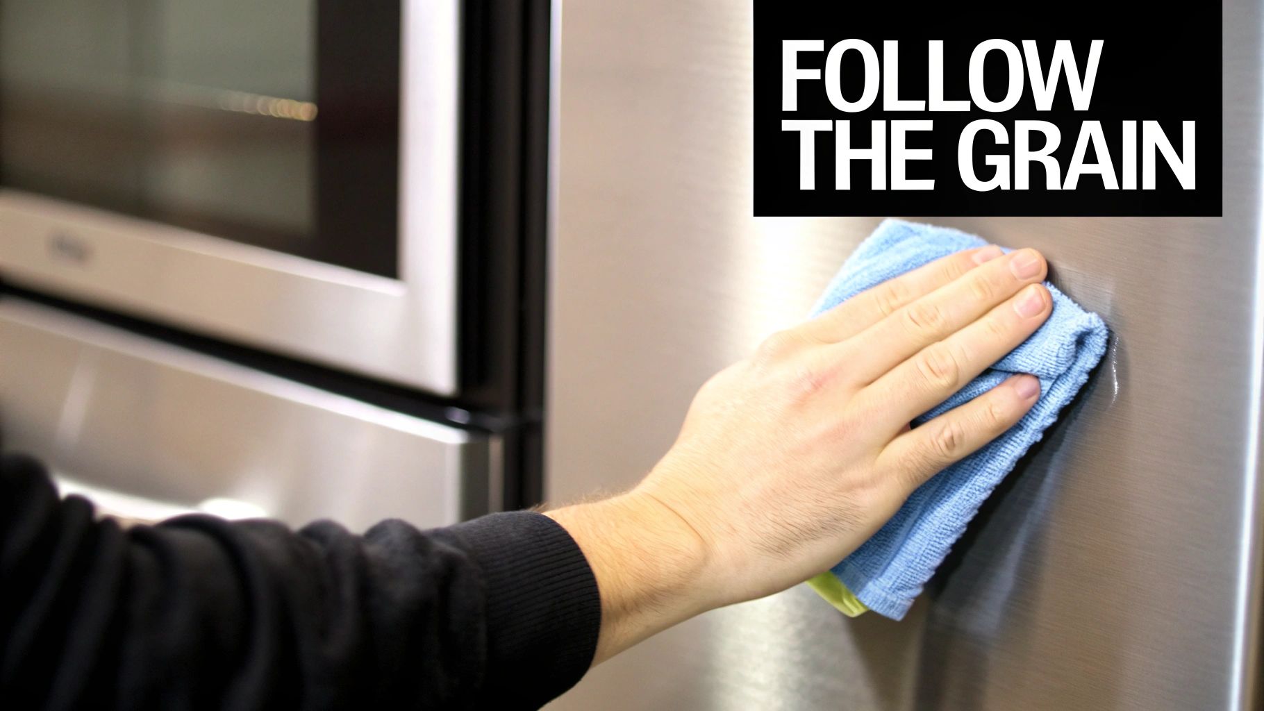 A hand using a blue microfiber cloth to clean a brushed stainless steel appliance surface.