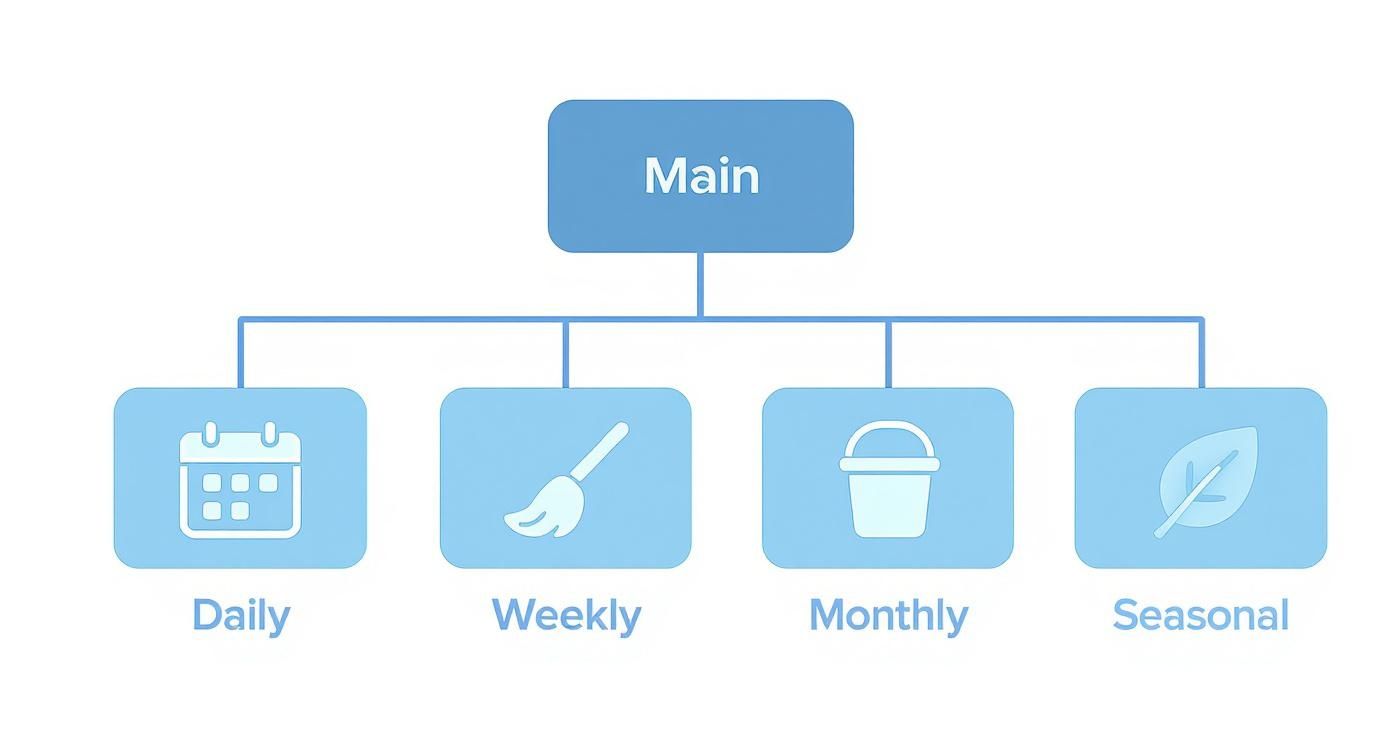 A hierarchical diagram showing main cleaning frequencies: daily, weekly, monthly, and seasonal with corresponding icons.