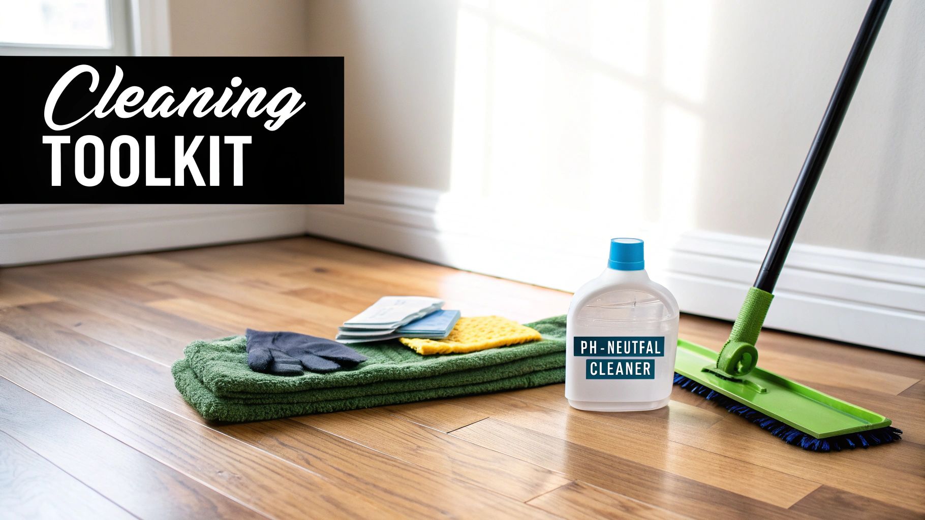 Cleaning toolkit for hardwood floors with PH-neutral cleaner, mop, gloves, and cloths.