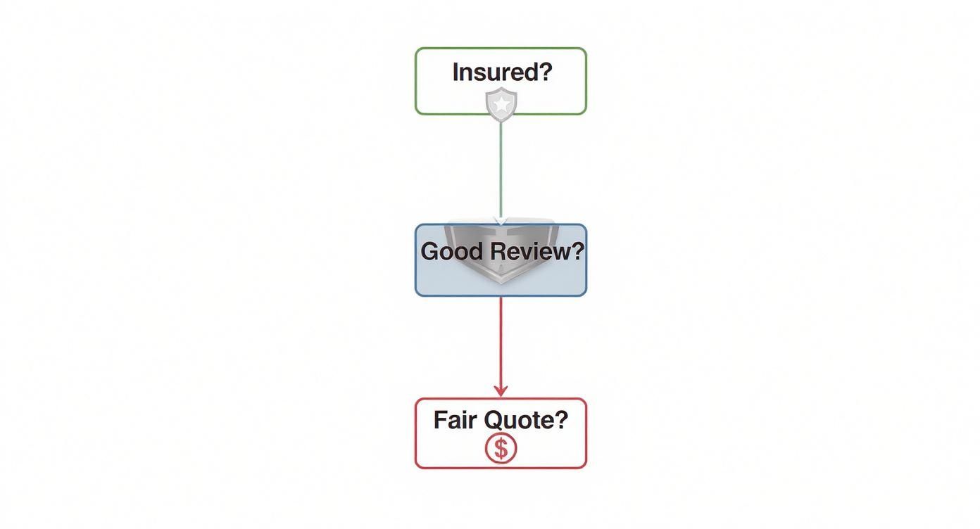 A flowchart showing three sequential decision steps: Insured?, Good Review?, and Fair Quote? with dollar sign icon.