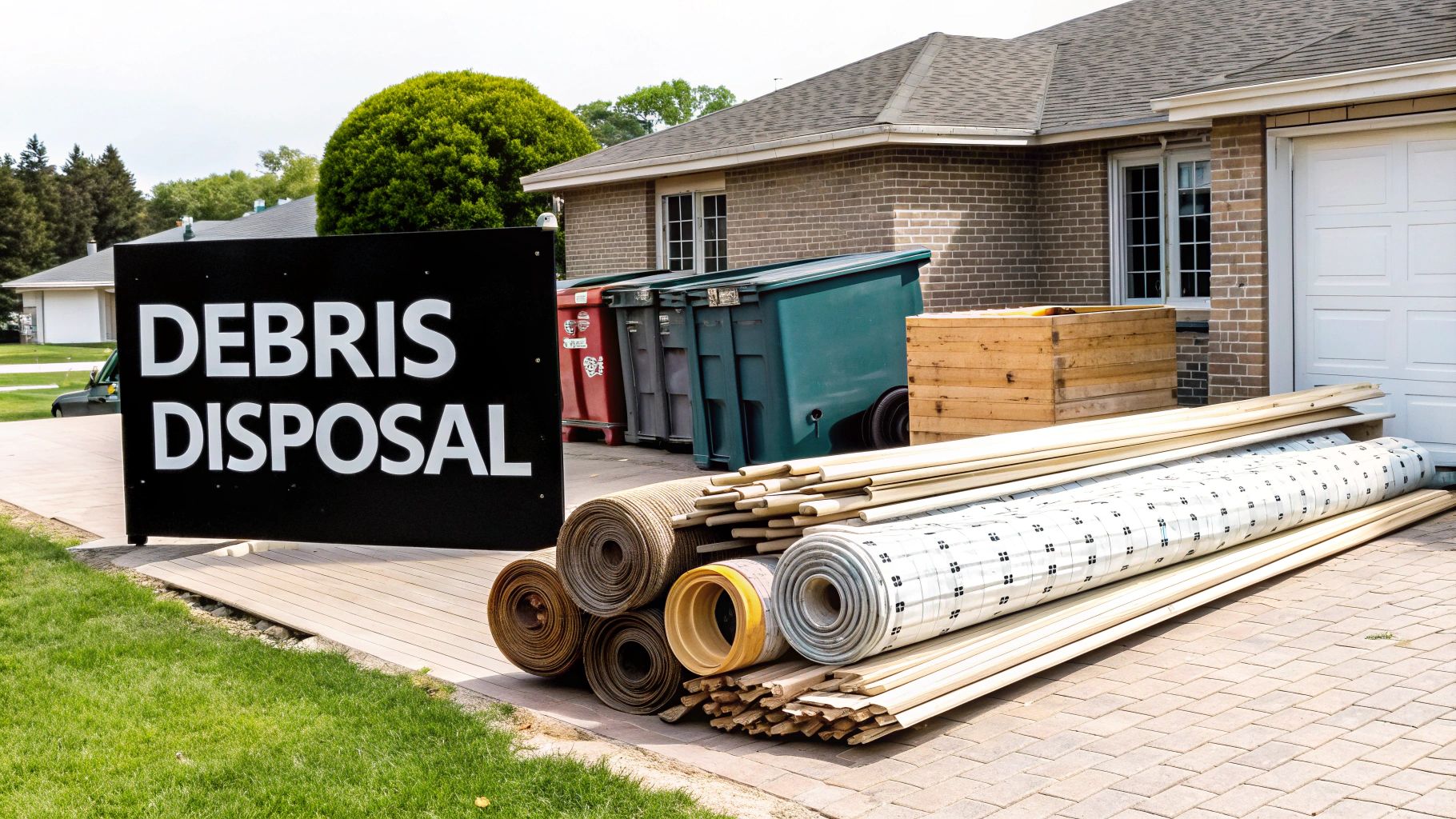 A 'Debris Disposal' sign stands next to large rolls of flooring, wooden planks, and multiple waste bins, indicating a cleanup project.