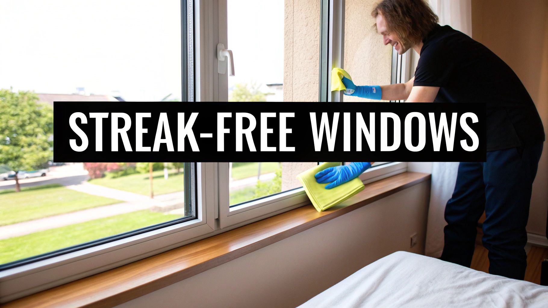 Smiling man in blue gloves cleaning a window with yellow cloths, ensuring streak-free results.