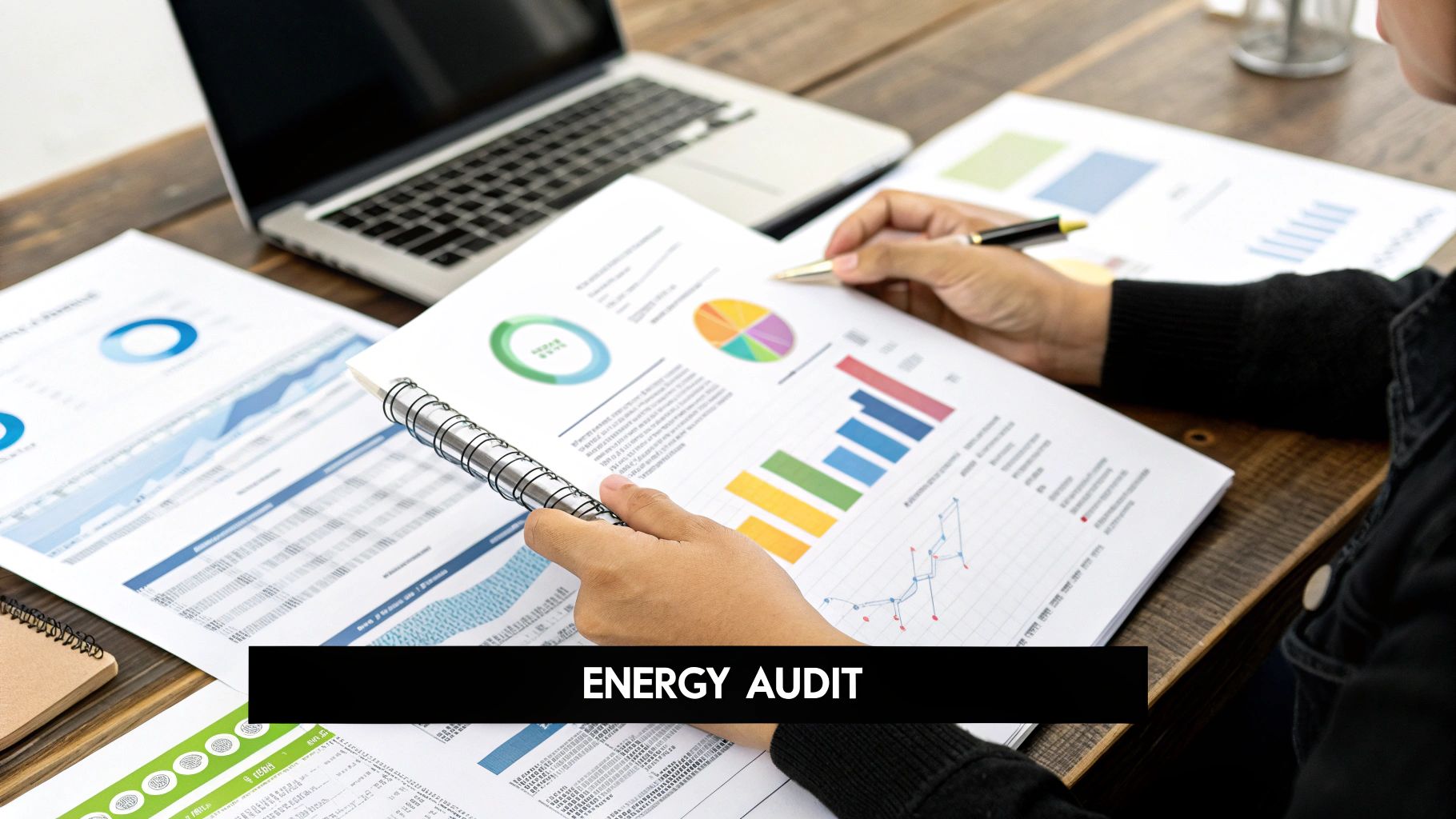 A person reviewing their electricity bill with a calculator and notepad, planning their solar energy needs.