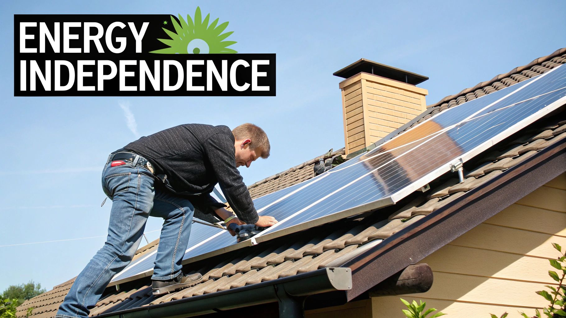 A person installing solar panels on a residential roof with a clear blue sky in the background.