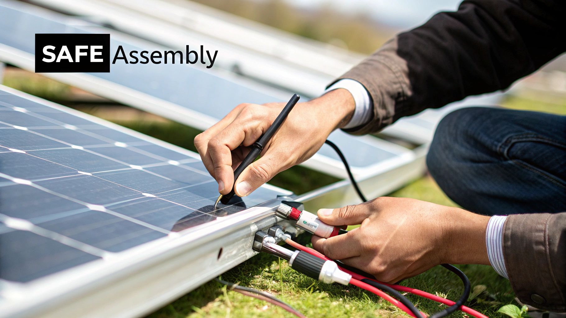 A person safely mounting a solar panel onto a roof racking system, wearing proper safety gear.