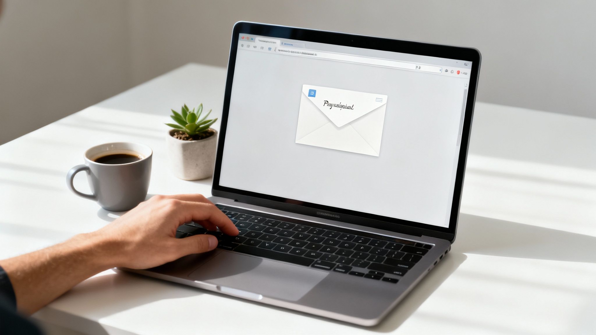 A person working on a laptop with email icons floating around, representing an EDM campaign.