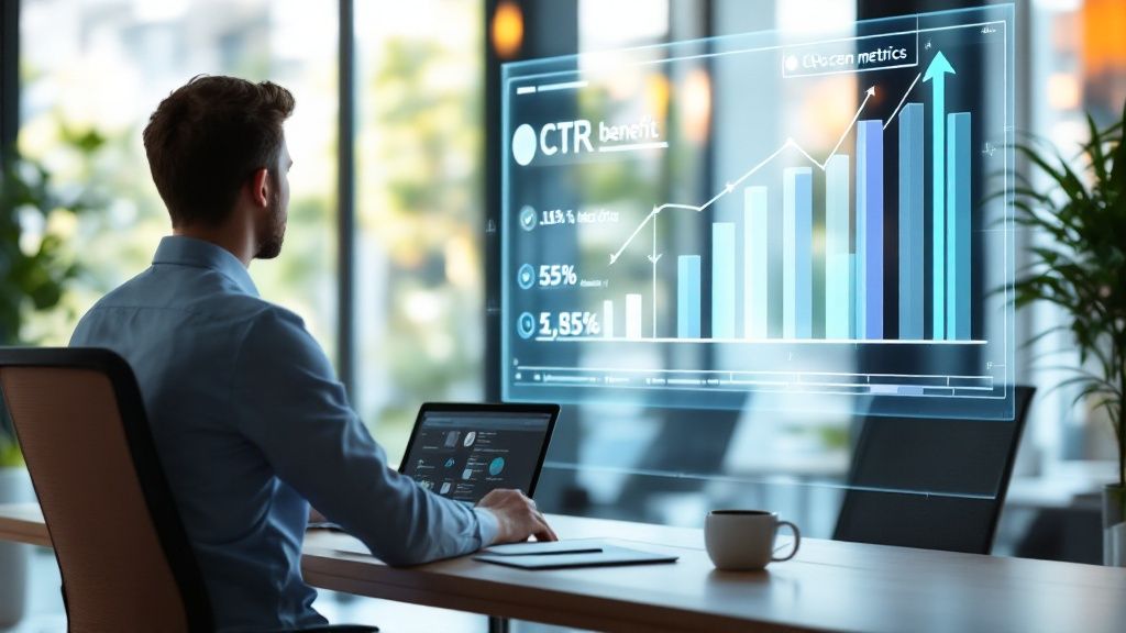 A person pointing at a screen with charts and graphs, strategizing digital marketing improvements.