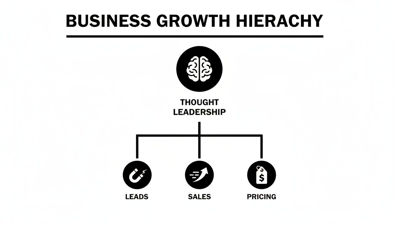 A business growth hierarchy diagram showing thought leadership above leads, sales, and pricing.