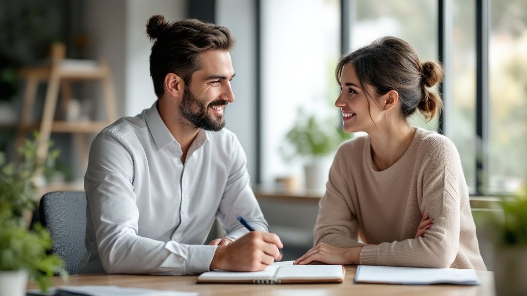 Two business professionals shaking hands in a modern office, representing a strong client partnership.
