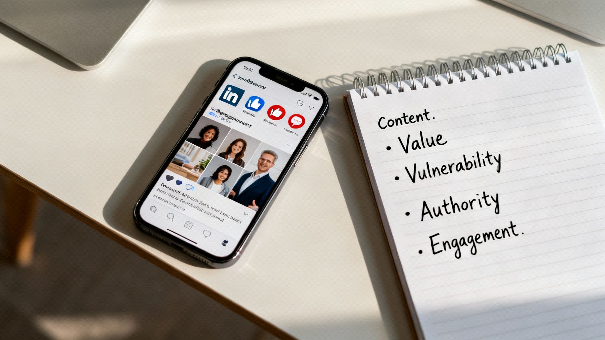 A smartphone displaying a social media feed next to a notepad with 'Content, Value, Vulnerability, Authority, Engagement' written.