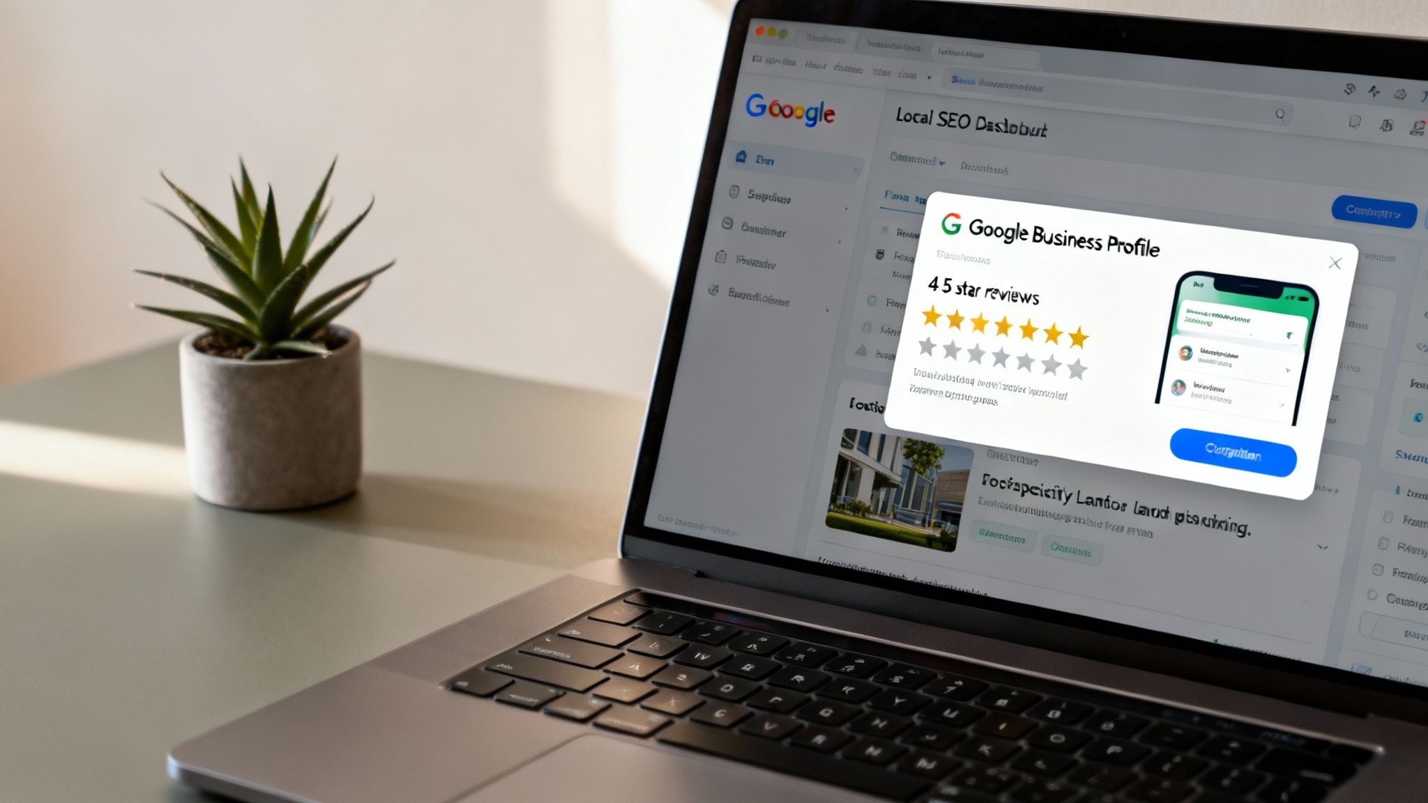 A laptop displays a Google search page for local SEO, featuring a popup with Google Business Profile reviews.