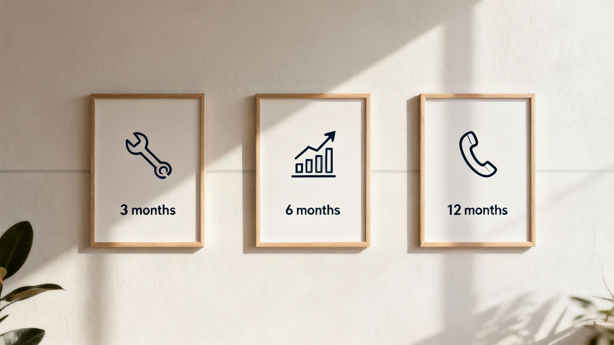 Three framed posters illustrate a service timeline with icons for 3, 6, and 12 months of progression.