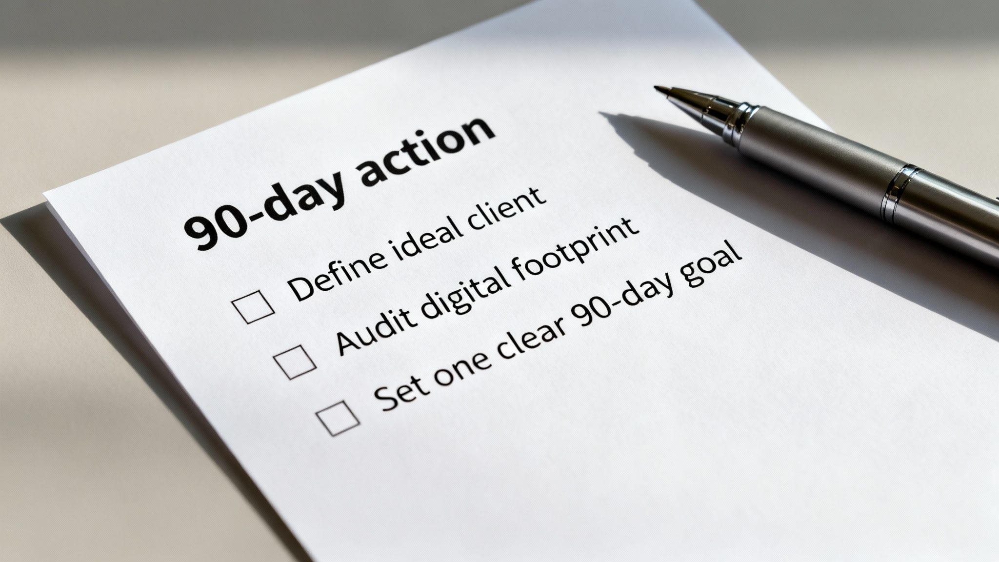 A close-up of a '90-day action' checklist on paper, with tasks and a pen beside it.