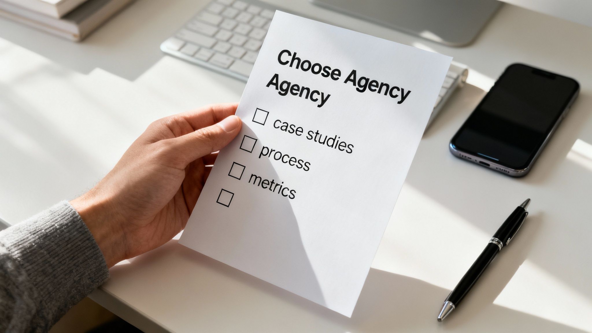 A person holds a checklist titled 'Choose Agency' with options like case studies, process, and metrics.