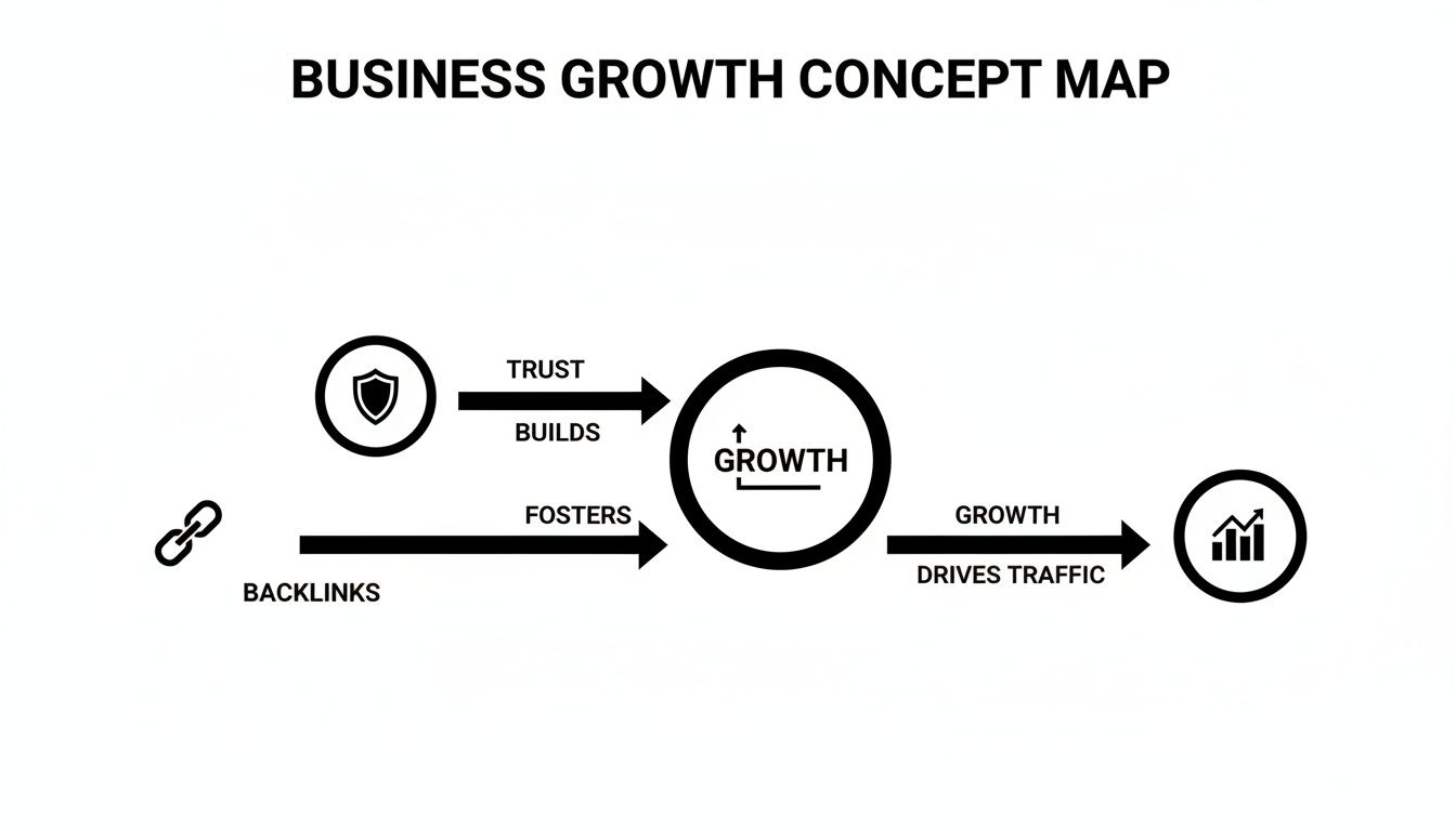 A business growth concept map showing how trust and backlinks lead to growth, driving traffic.