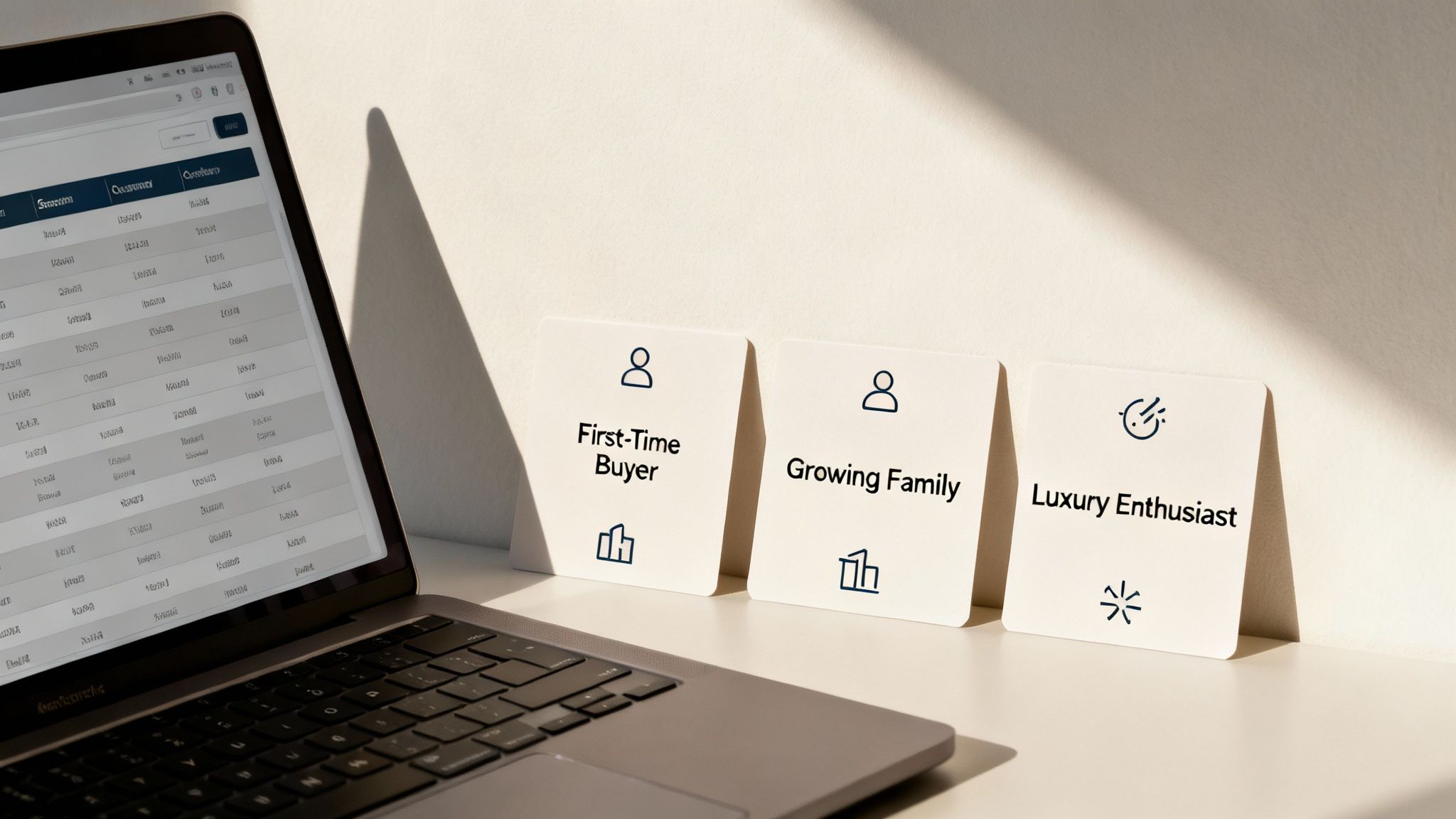 Customer segmentation cards displaying first-time buyer, growing family, and luxury enthusiast personas beside laptop