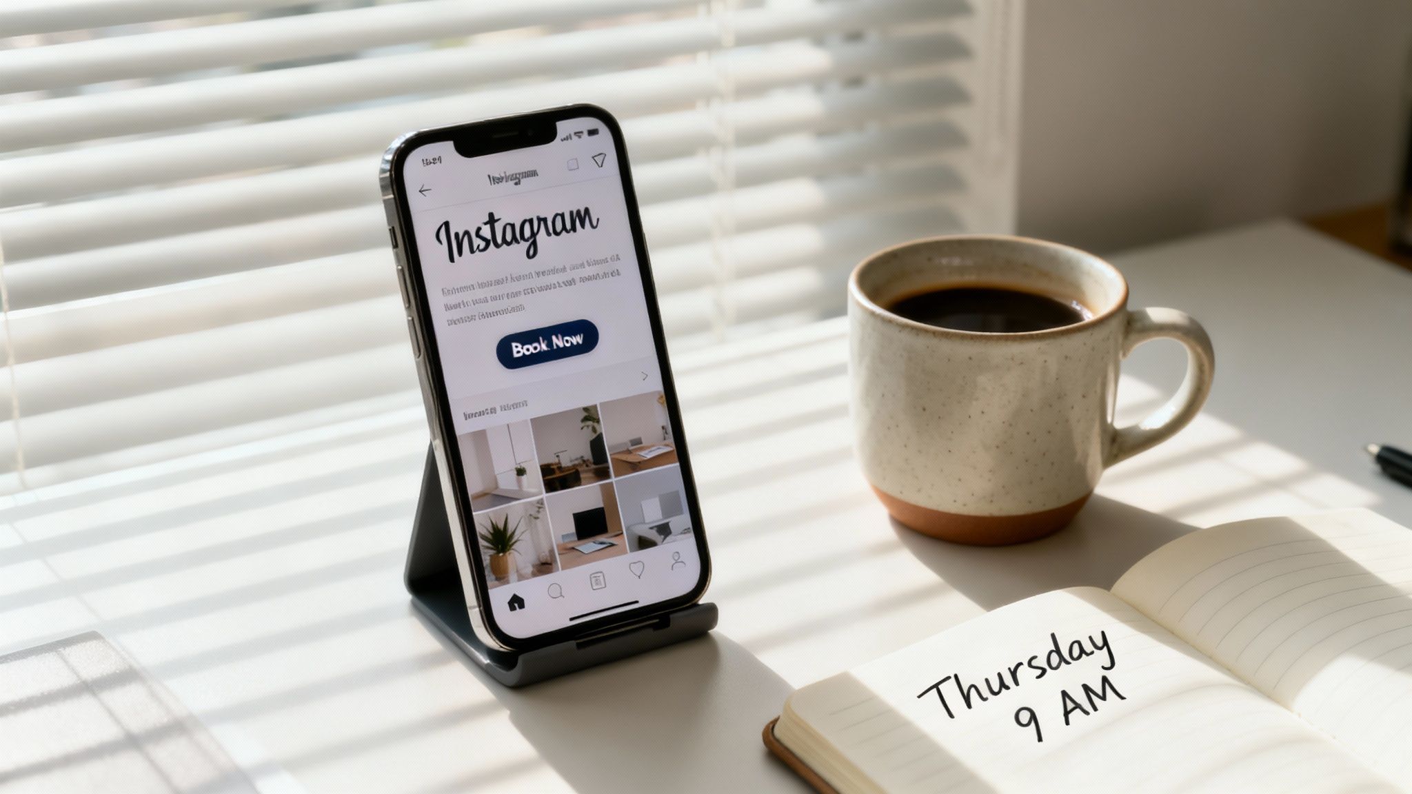 A smartphone displaying the Instagram app, a coffee cup, and an open notebook on a desk.