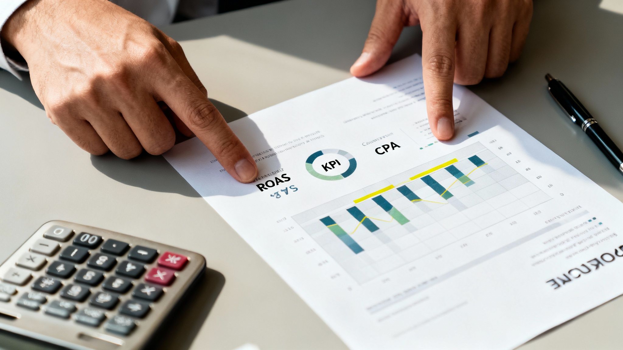 Person's hands analyzing a business performance report with KPI, ROAS, and CPA metrics, next to a calculator.