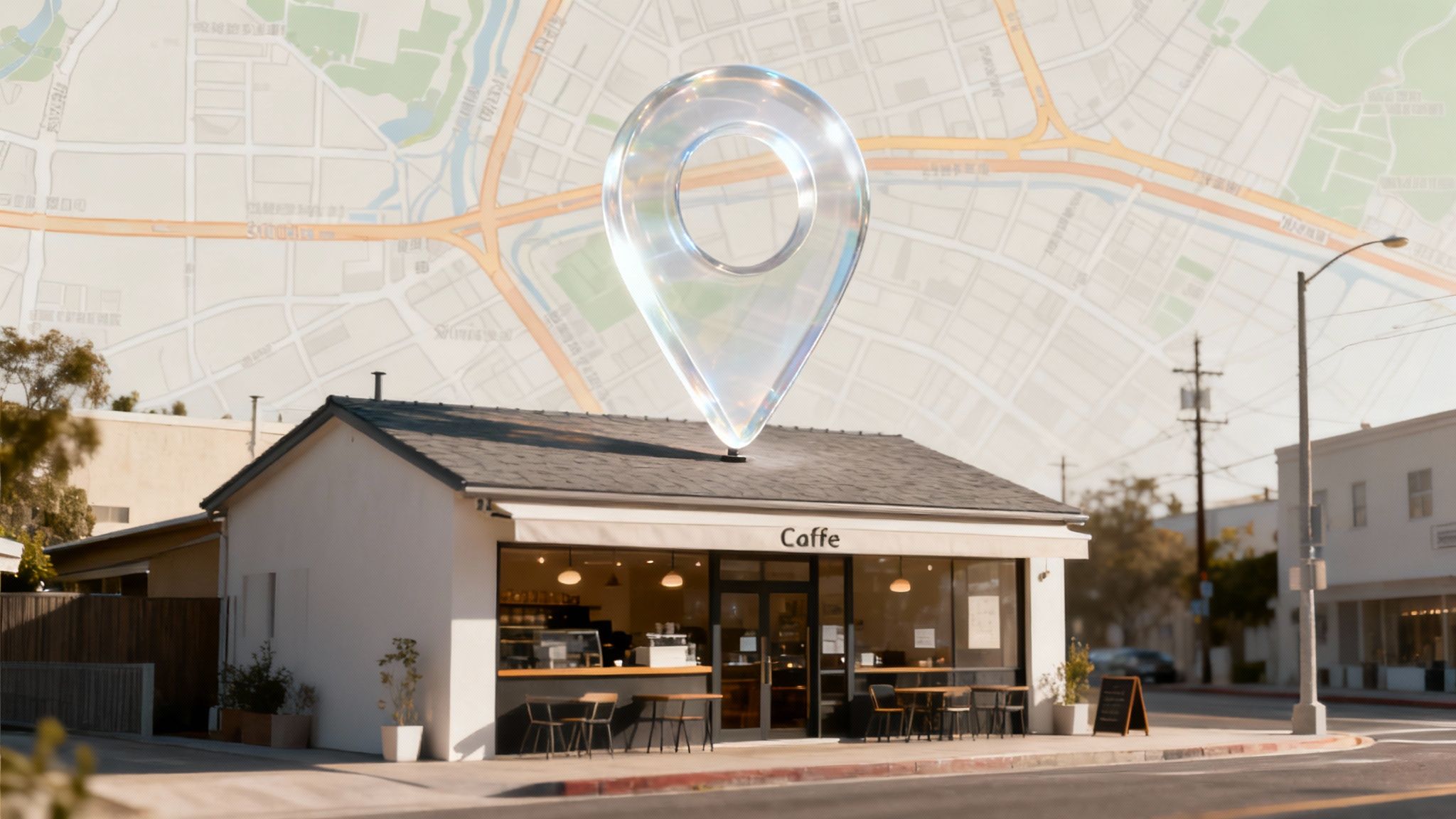 A magnifying glass focusing on a map with a pin marking a local business location