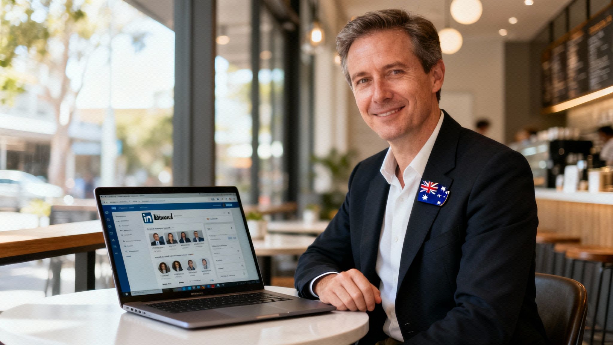 Man in a suit with an Australian flag pin smiling, working on a laptop with LinkedIn open.