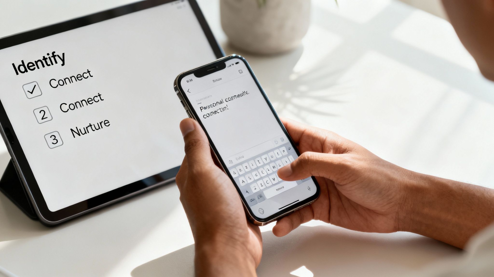 Person typing personal connection message on smartphone while reviewing LinkedIn marketing strategy checklist