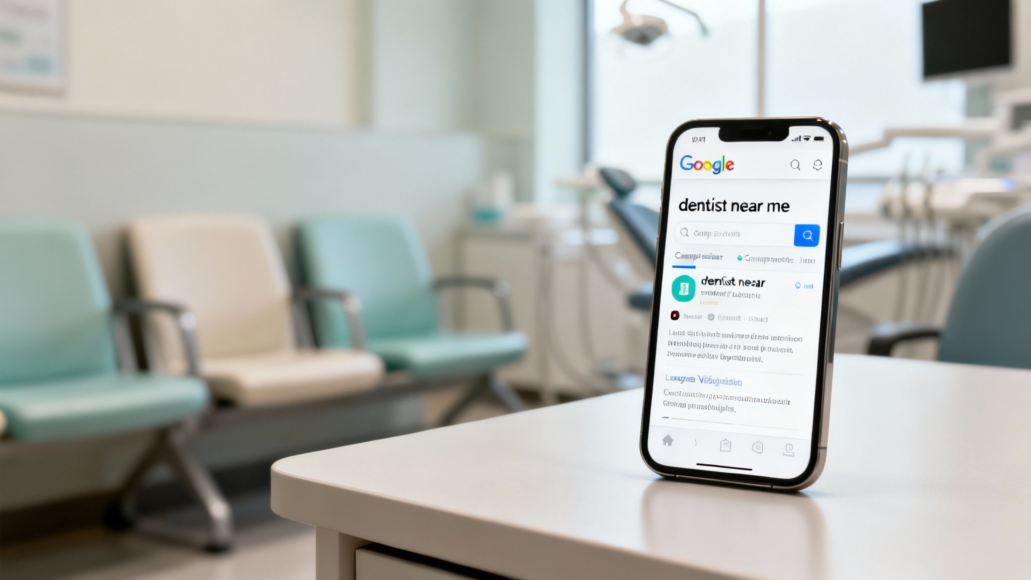 A smartphone on a table in a dental clinic's waiting room displays a Google search for "dentist near me."