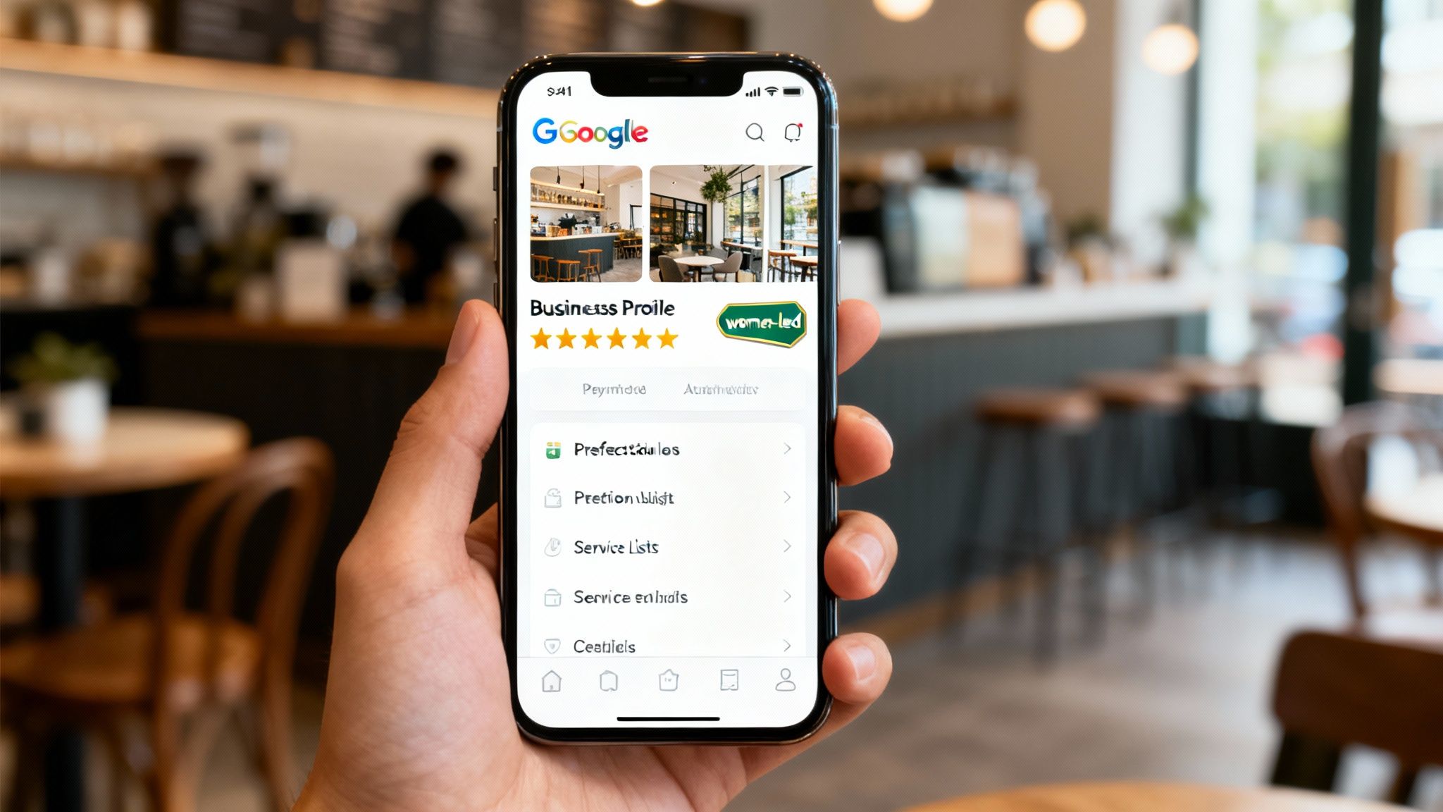 Hand holding a smartphone displaying a Google Business Profile for a woman-led business in a cafe setting.