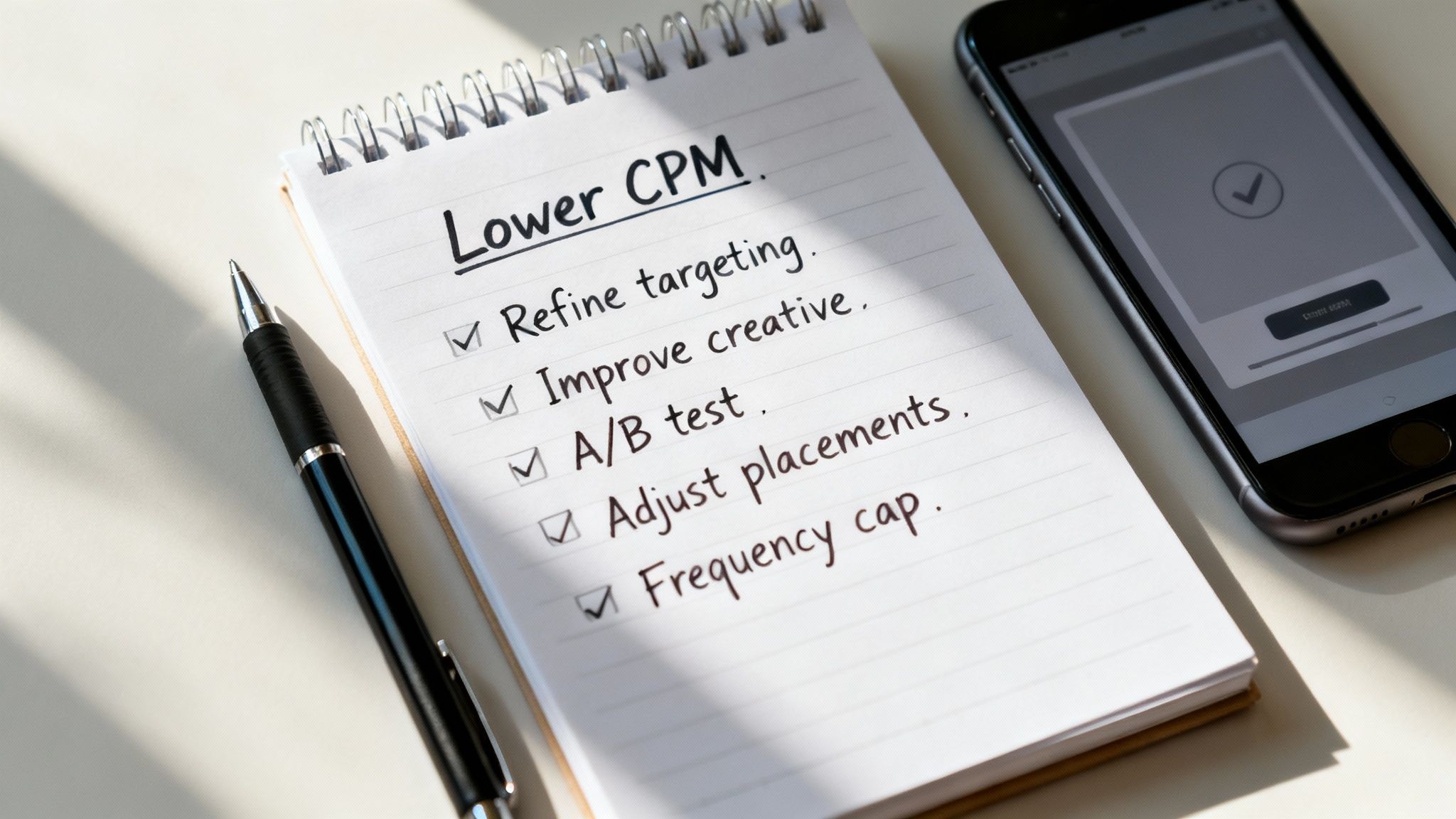 A notepad with a handwritten 'Lower CPM' checklist, a pen, and a smartphone on a desk.