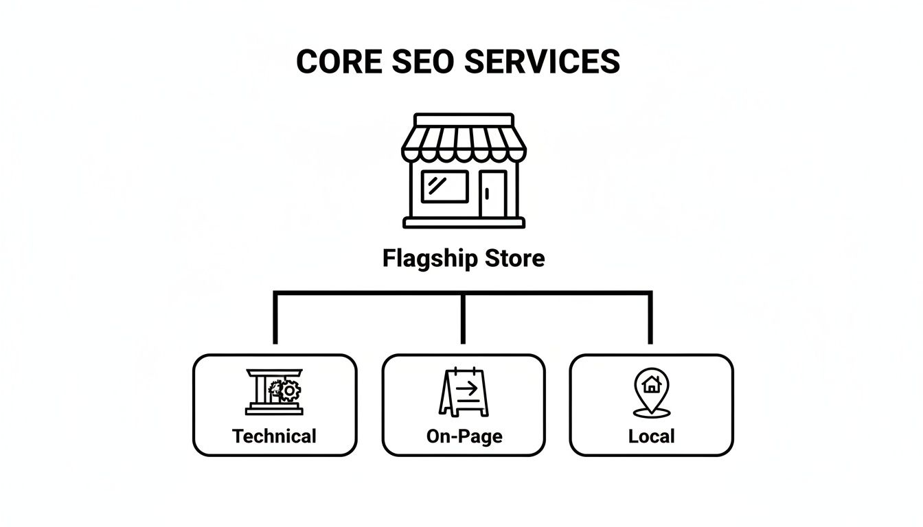 Diagram showing core SEO services: Flagship Store branching into Technical, On-Page, and Local SEO.