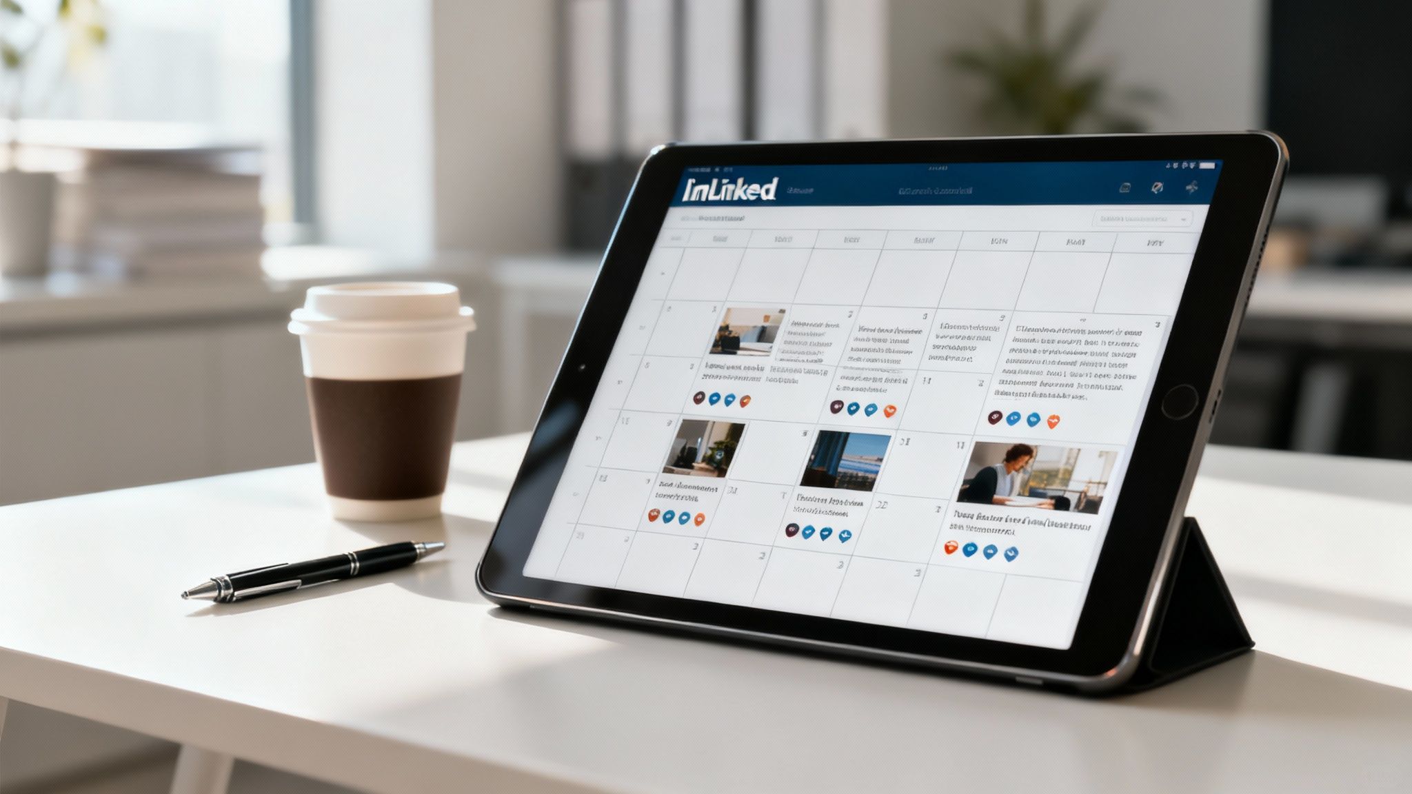 A tablet displaying a calendar-like app with 'InLinked' branding, next to a coffee cup and a pen on a white desk.