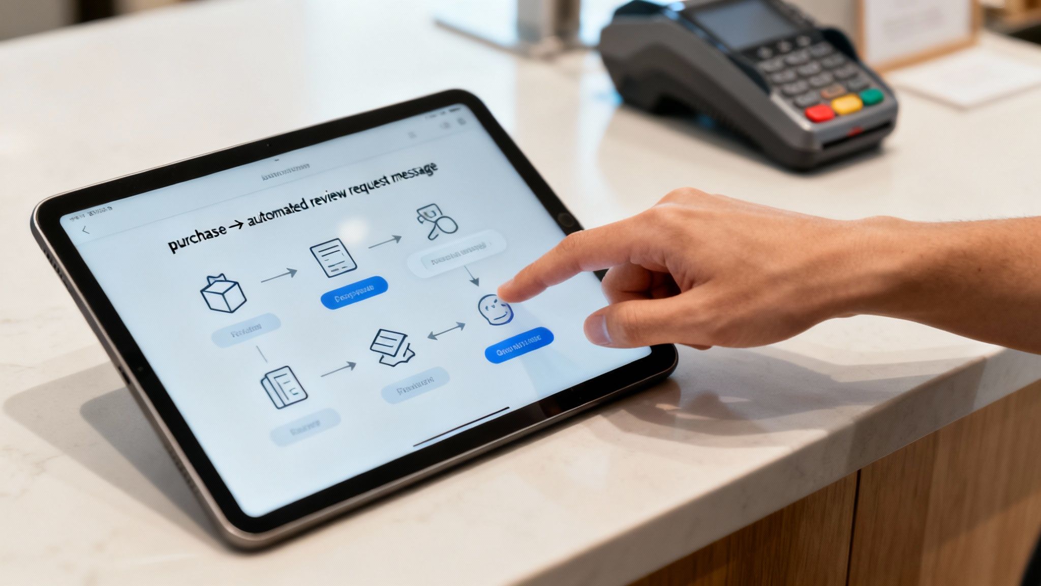 A clean, modern office setup with a laptop showing a CRM dashboard connected to review software, symbolising automation.