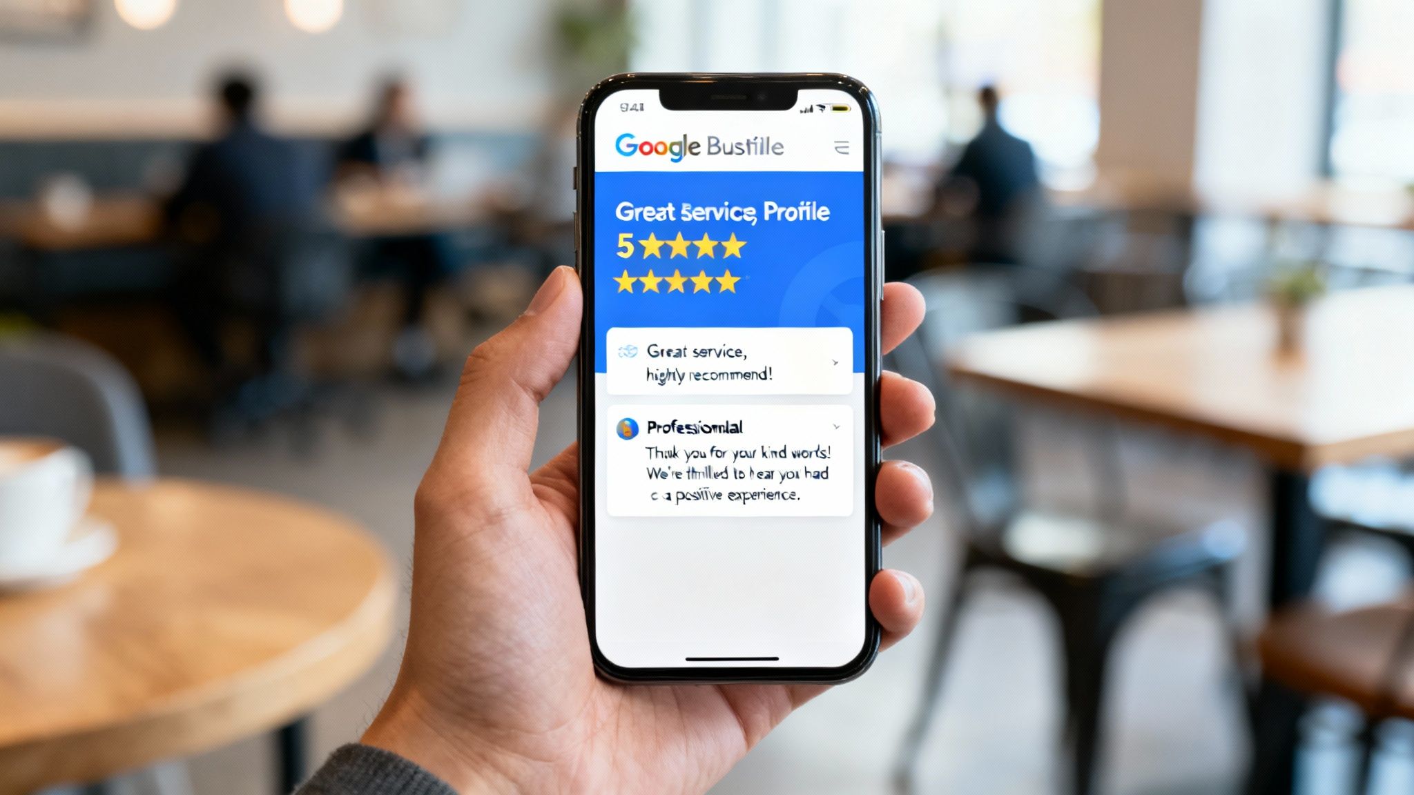Hand holding a smartphone displaying a Google Business Profile with a 5-star rating and reviews in a cafe.