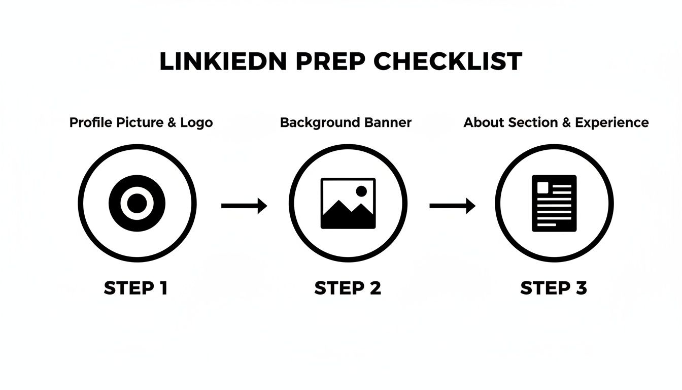LinkedIn profile preparation checklist showing three steps: profile picture, background banner, and about/experience sections.