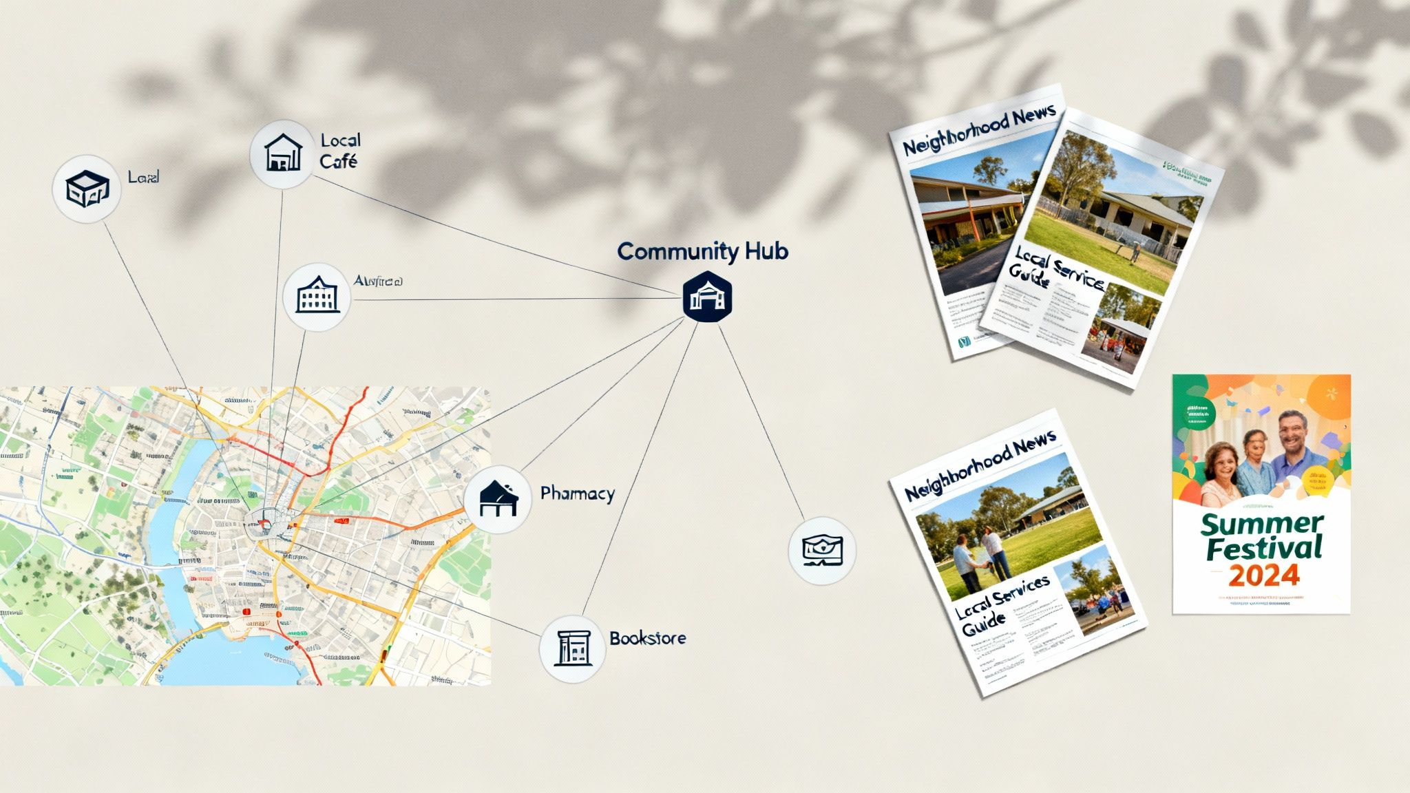 Diagram illustrating a community hub connecting local services, alongside neighborhood guides and a festival poster.