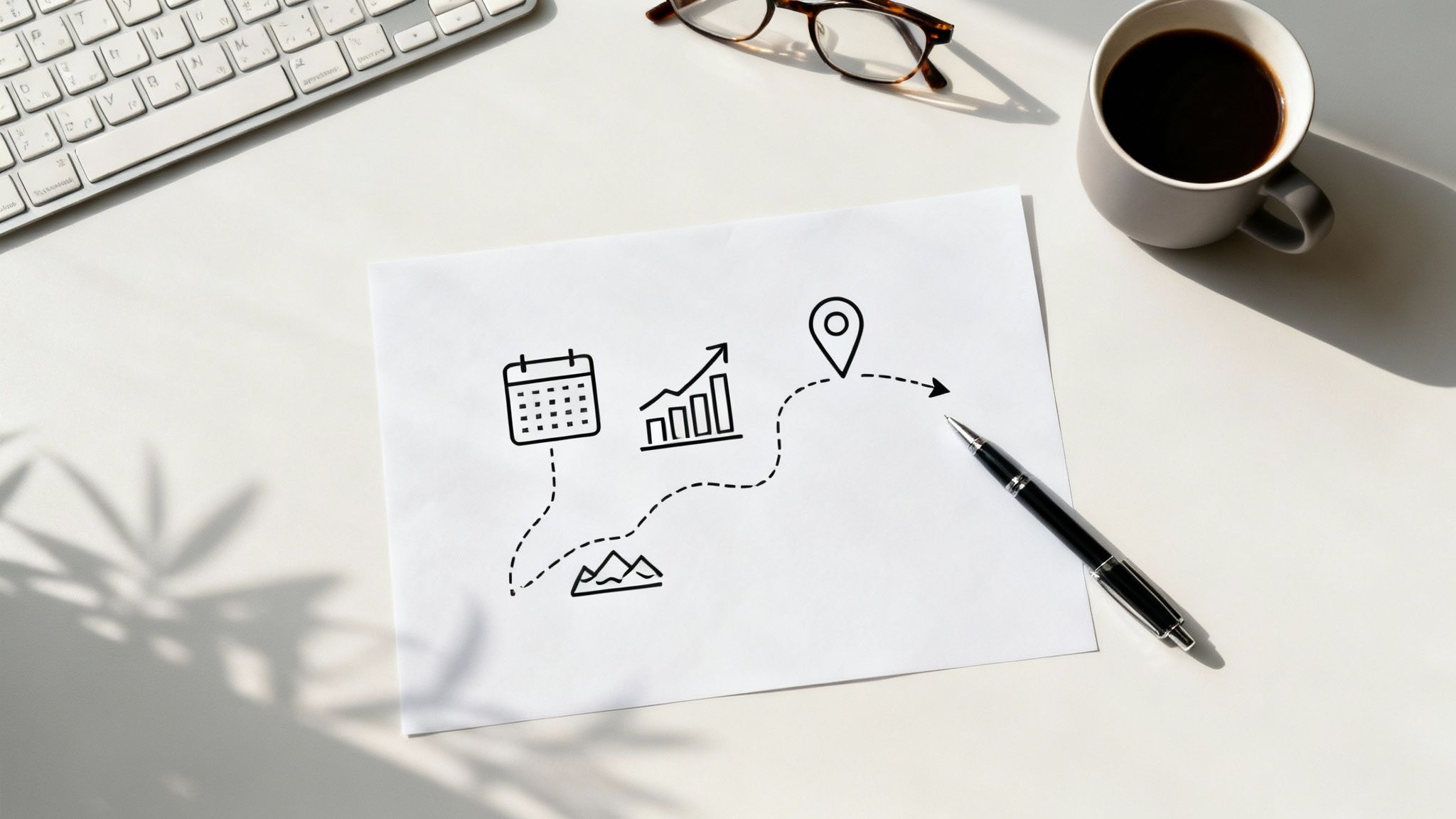 Desk flatlay with a plan drawn on paper: calendar, growth graph, mountains, and location pin.