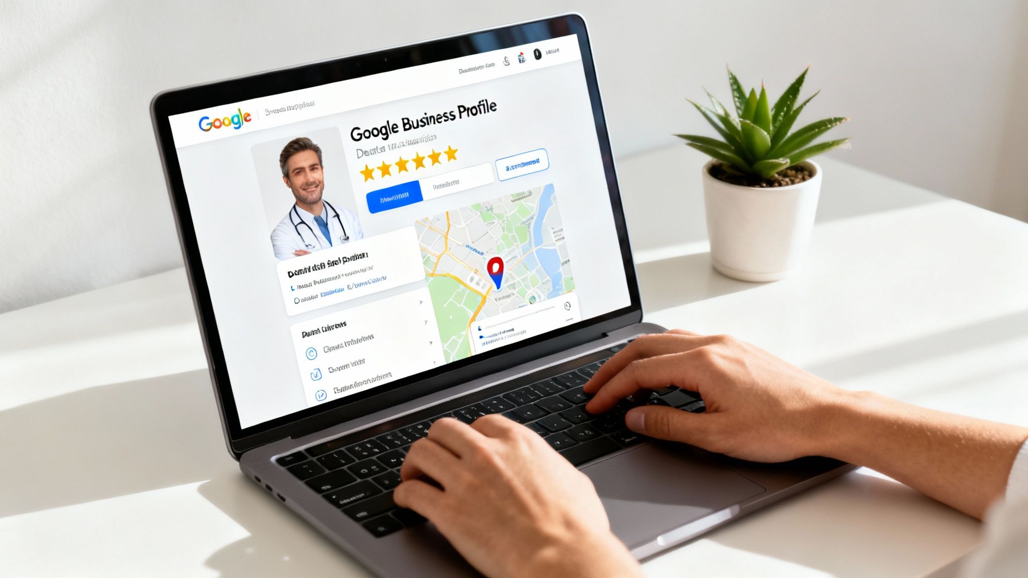 A person typing on a laptop displaying a Google Business Profile for a dentist with a 5-star rating and map.