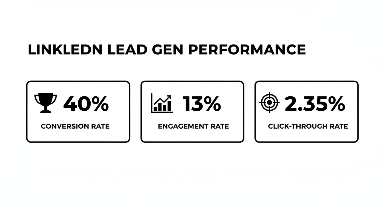 Infographic displaying LinkedIn lead generation performance metrics: 40% conversion, 13% engagement, 2.35% click-through.