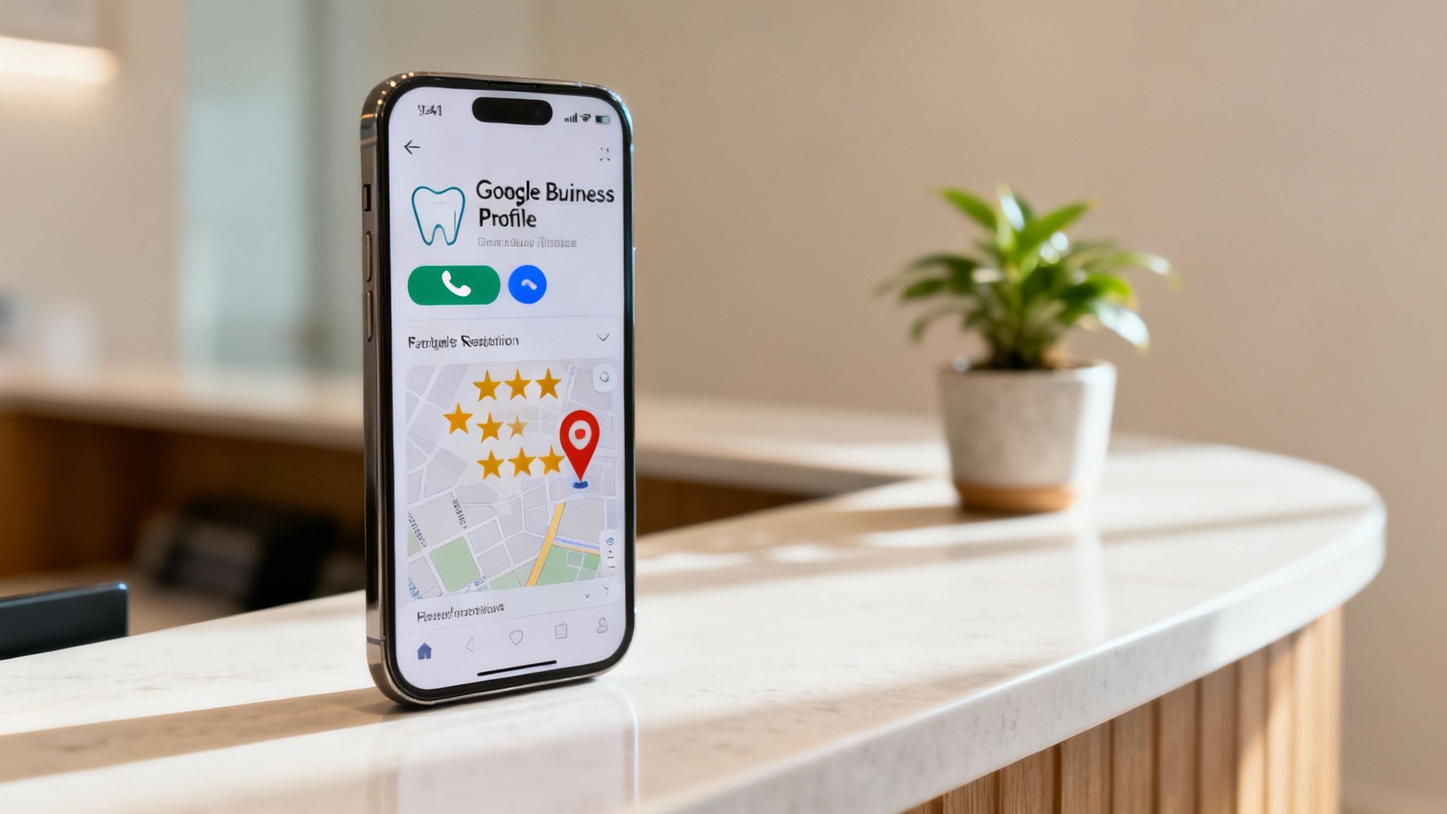 A smartphone displaying a Google Business Profile for a dental clinic, showing reviews, map, and contact options, on a reception desk.