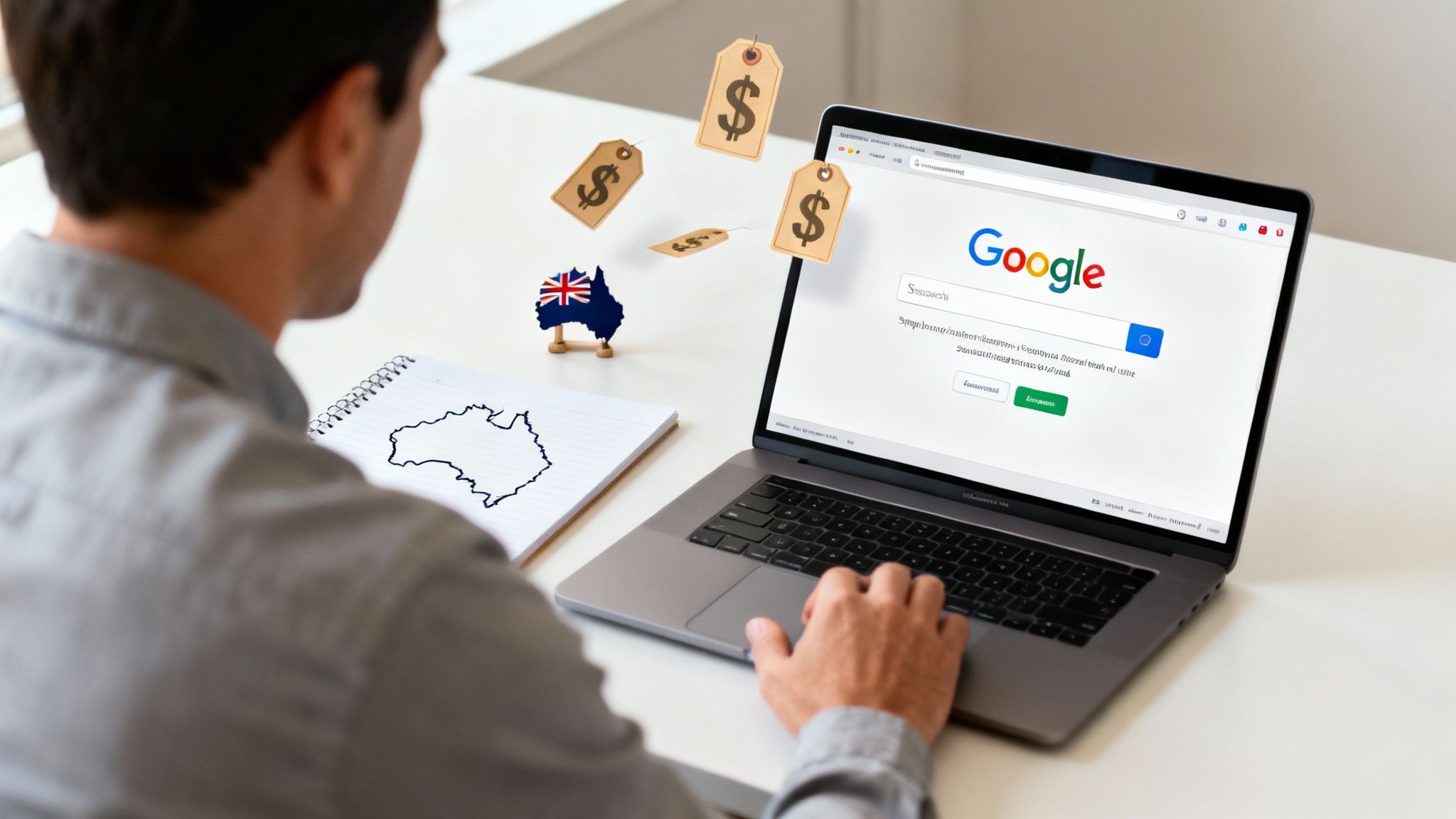 A person exploring Google ad expenses on a laptop, surrounded by price tags and an Australian map.