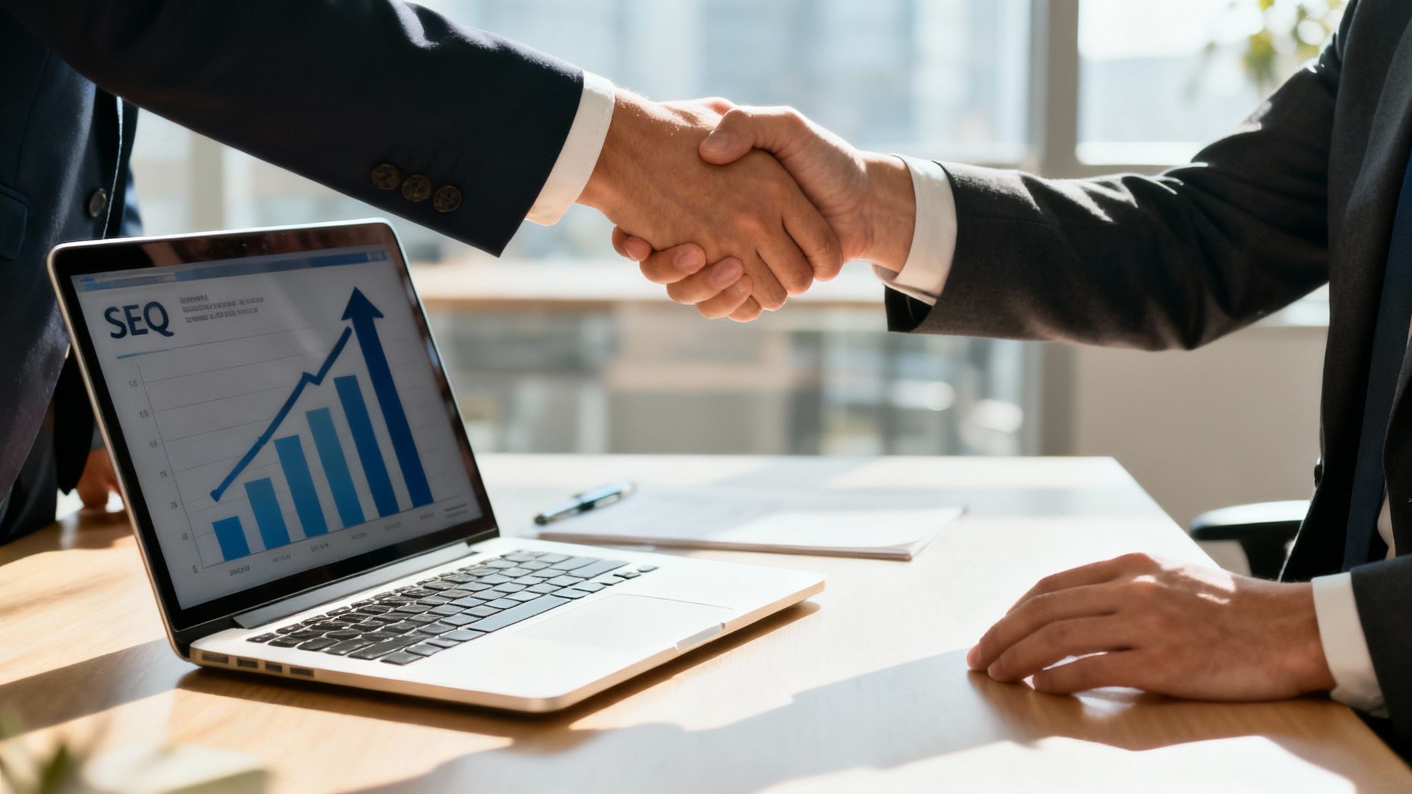 Two people shaking hands across a desk, symbolising a partnership agreement.
