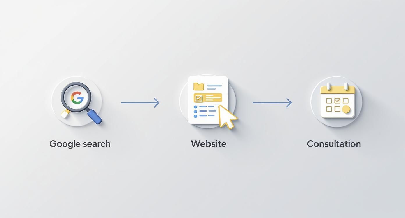 Infographic showing the client journey from a Google Search to a website visit and finally to a consultation.