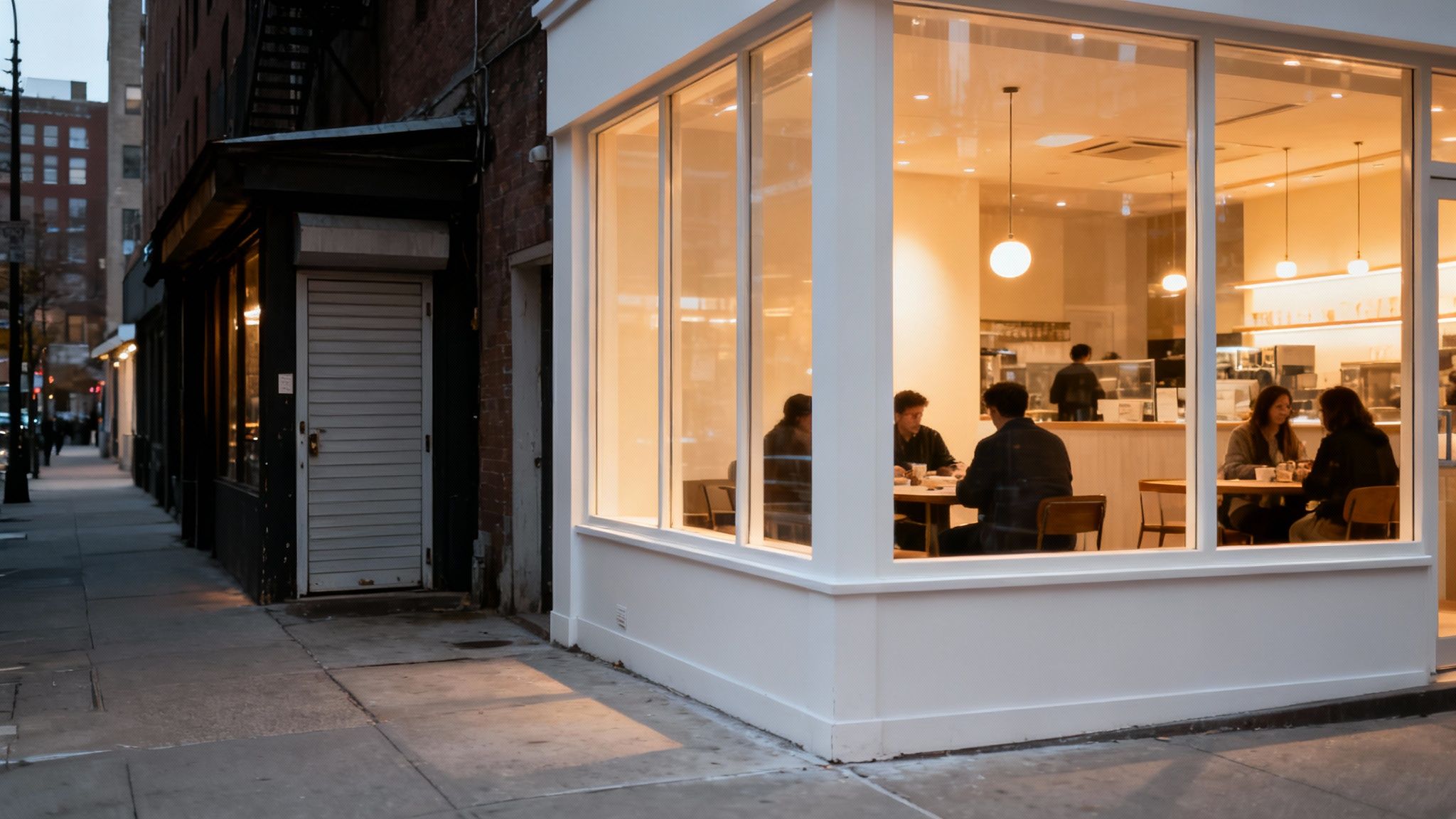 A brightly lit city cafe with large windows, showing customers dining inside on a street at dusk.
