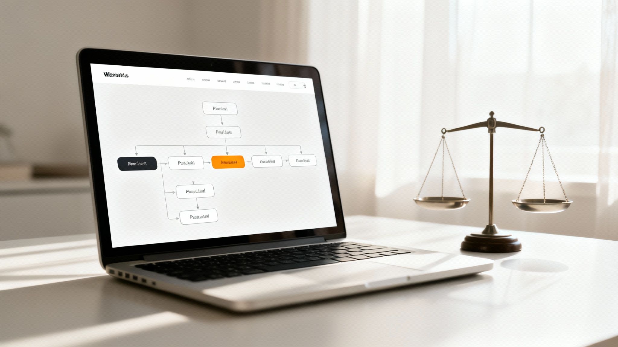 Laptop displaying a legal process flowchart and a balance scale on a white desk, representing justice.