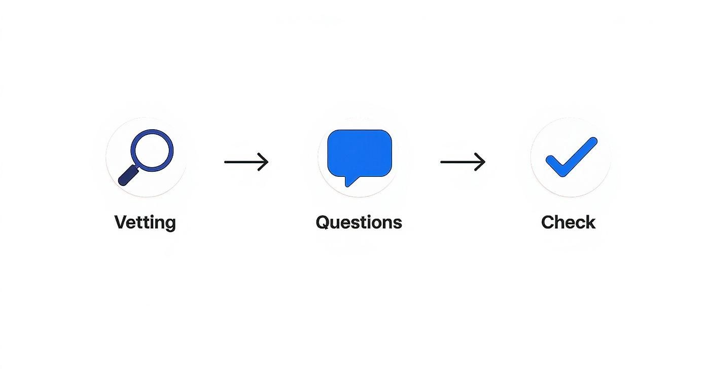 Three-step process diagram showing vetting, questions, and check stages with magnifying glass, speech bubble, and checkmark icons