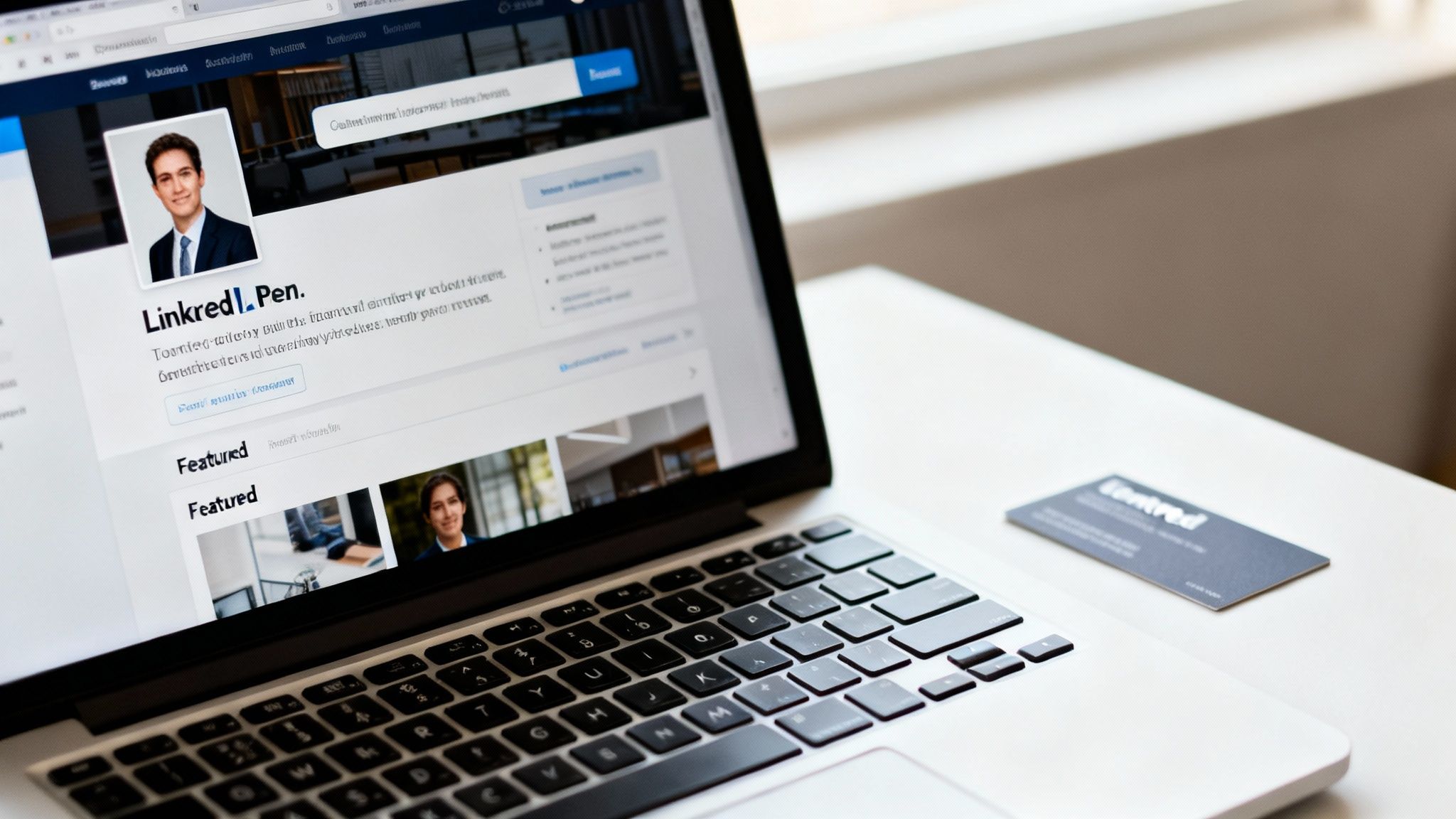 A laptop displays a LinkedIn profile featuring a man's photo, placed next to a business card.